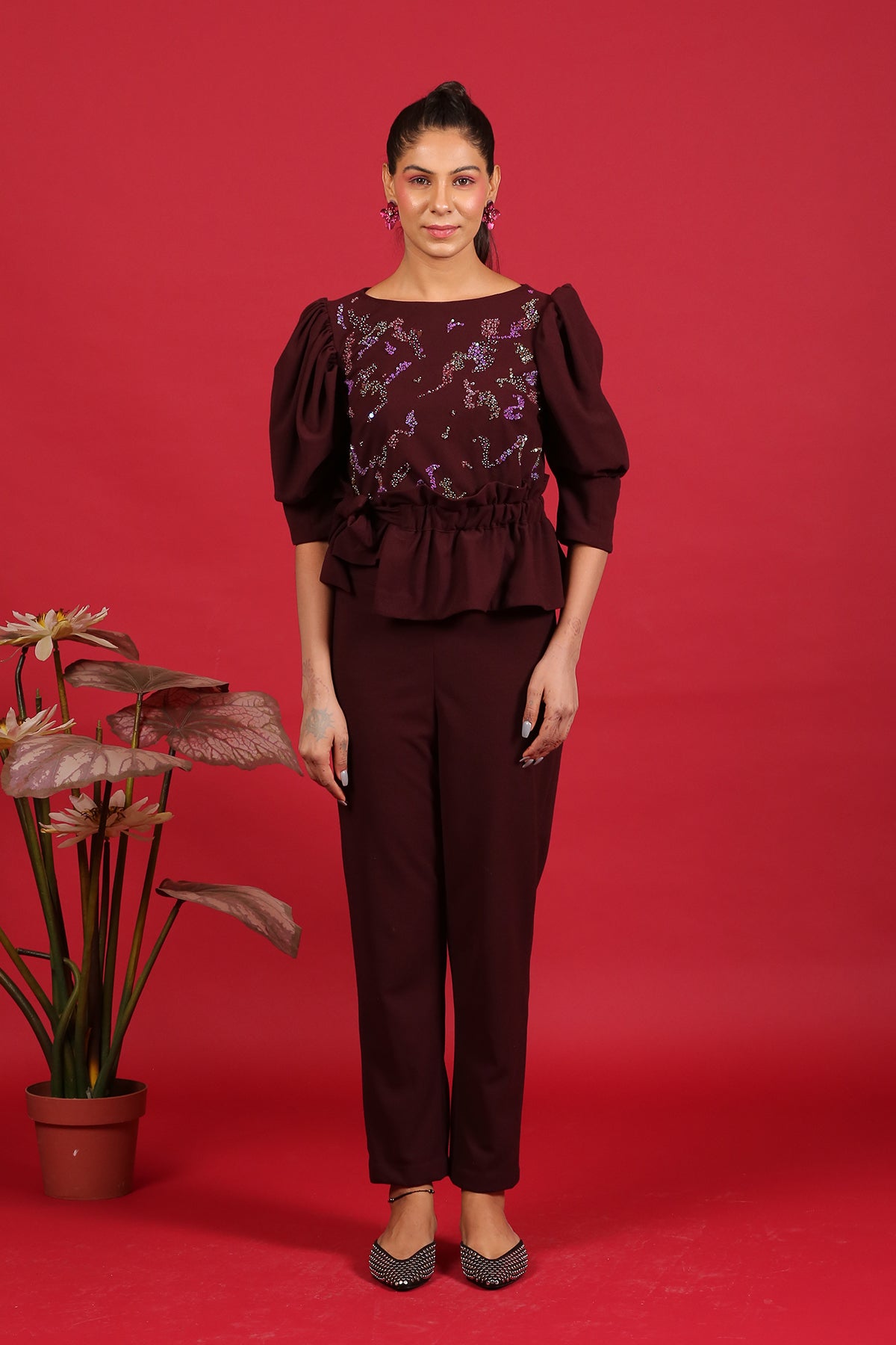 Wine Peplum Co-ord set