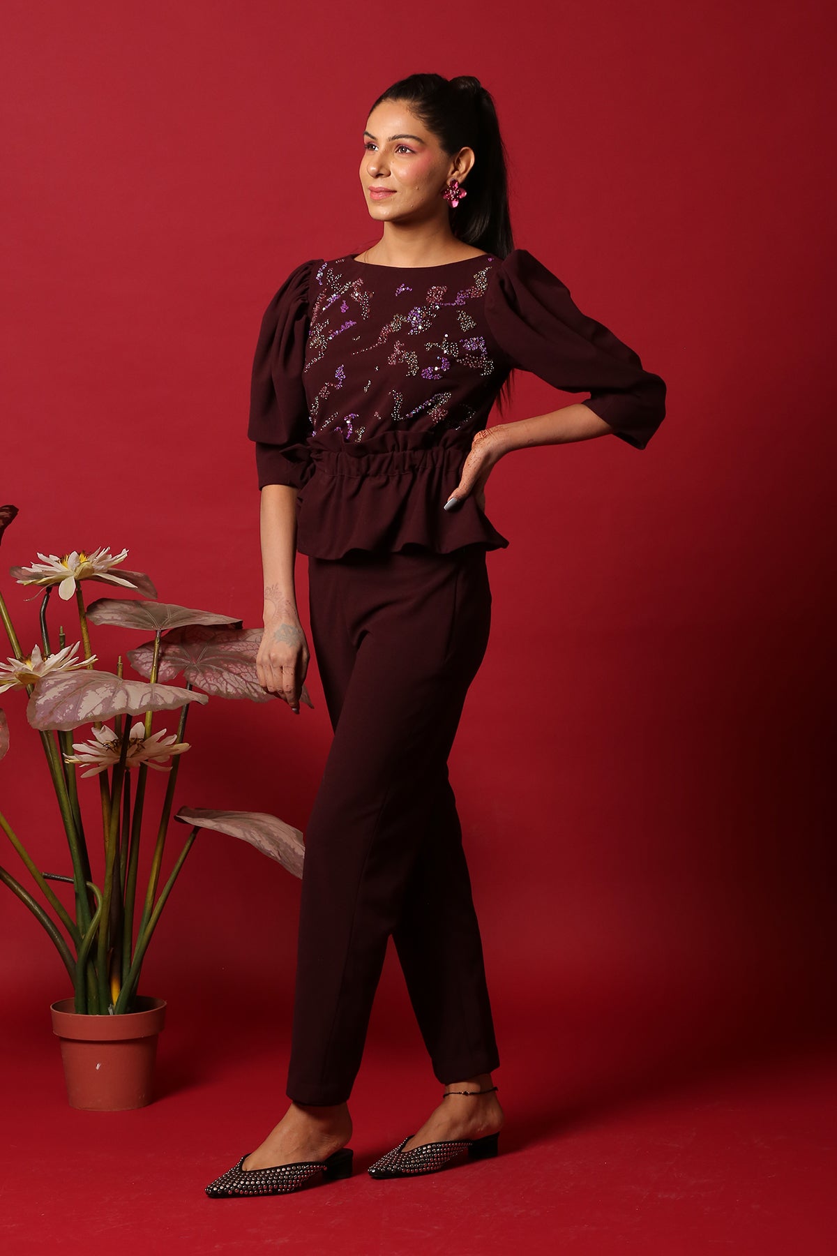 Wine Peplum Co-ord set