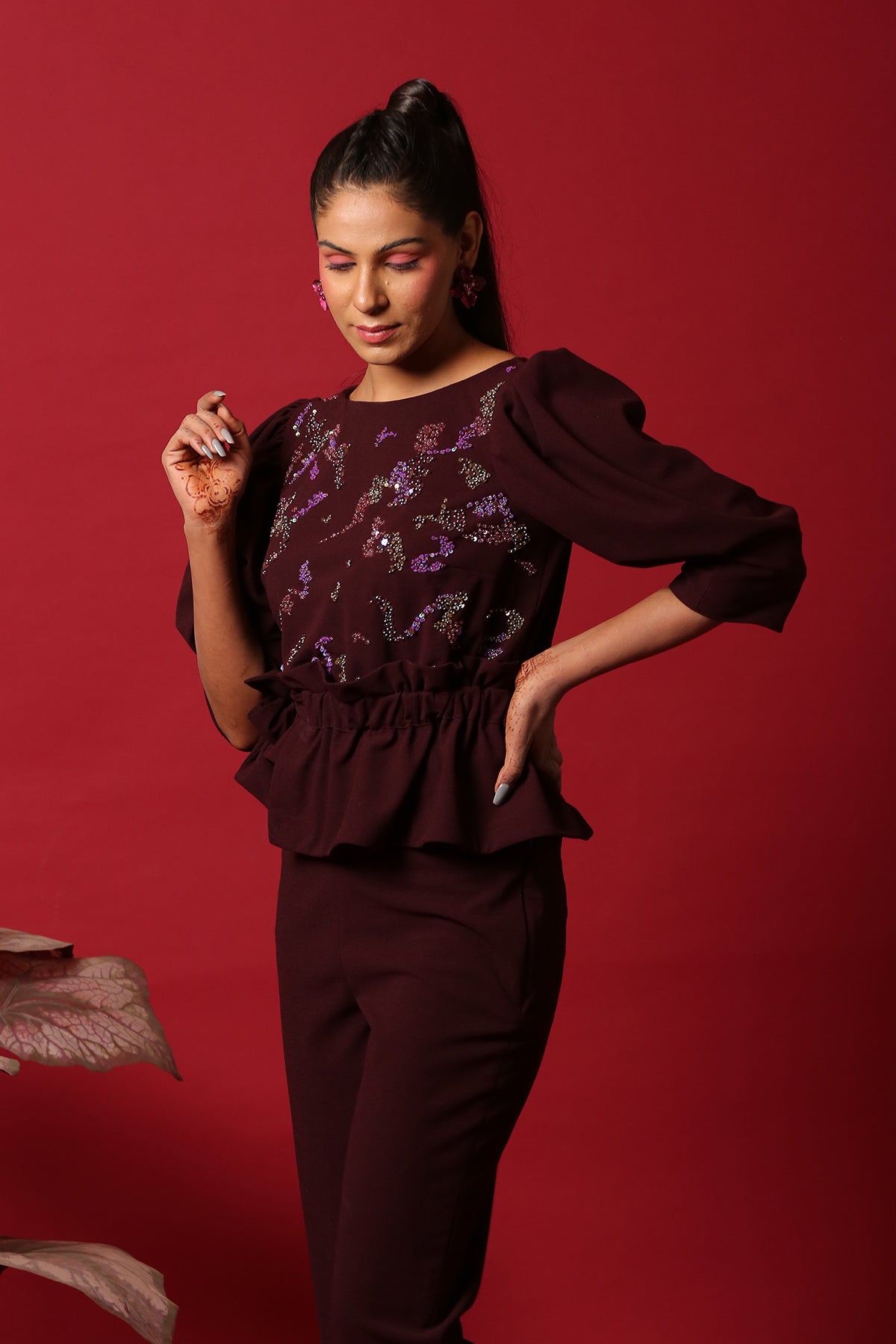 Wine Peplum Co-ord set