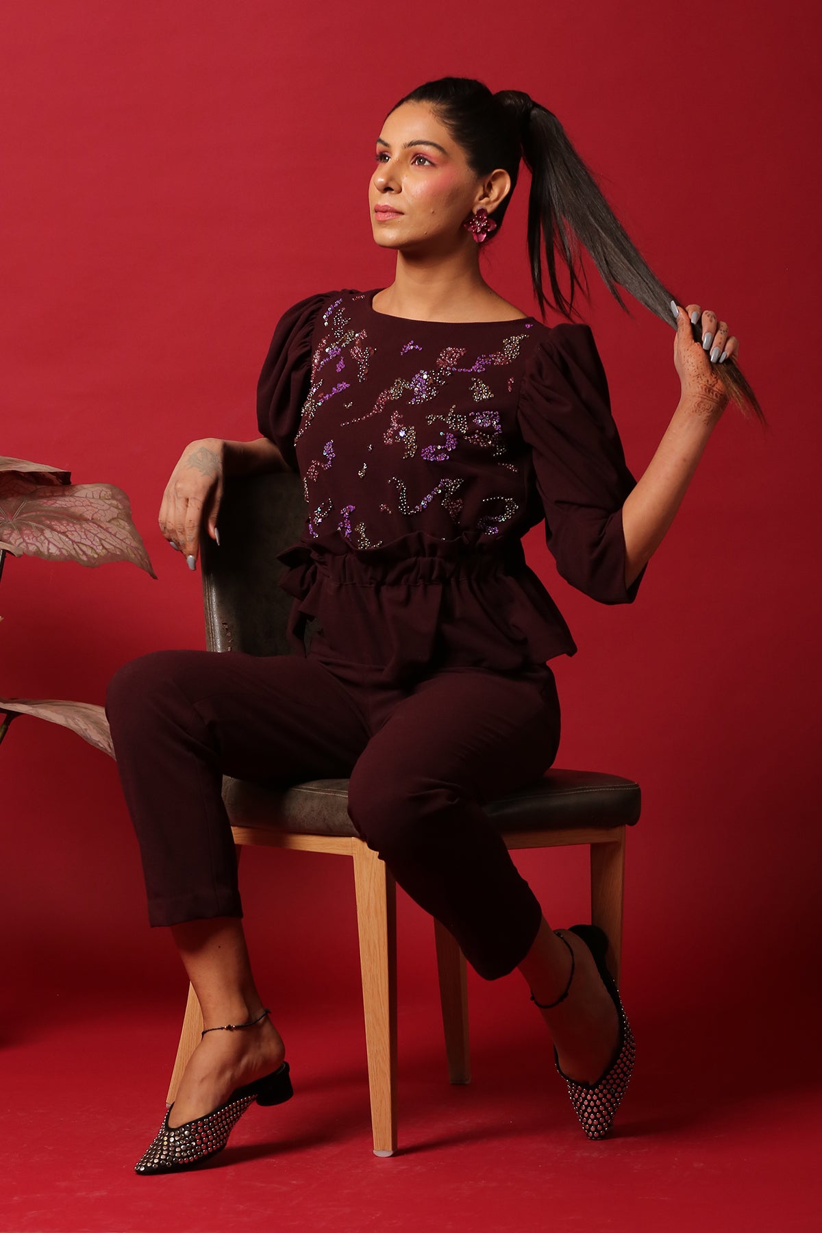 Wine Peplum Co-ord set