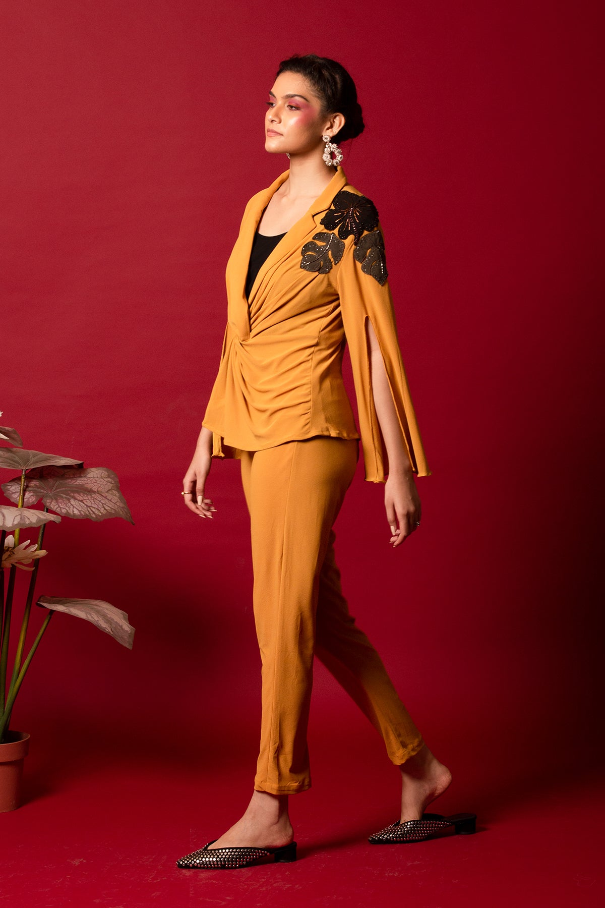 Mustard knot-lapel co-ord set