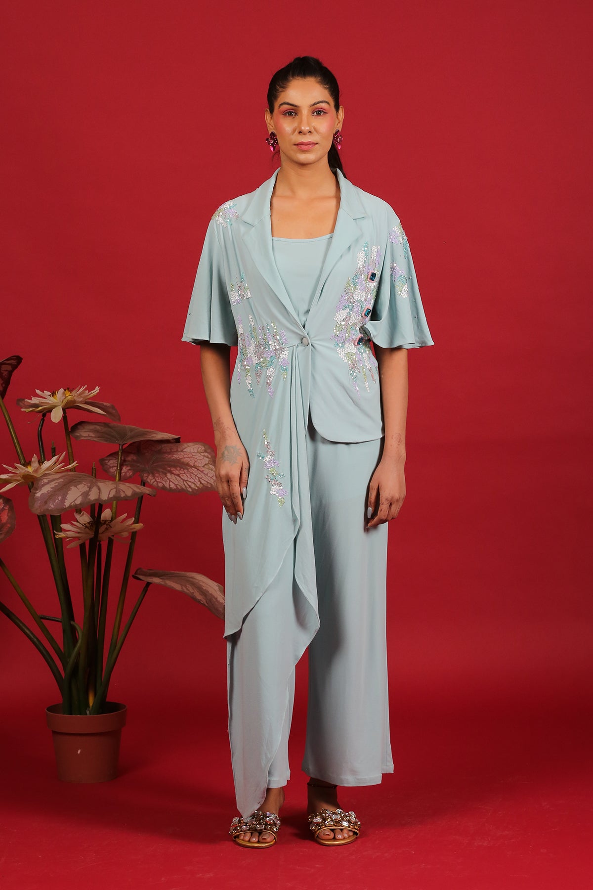 Asymmetric sequin jacket-culotte set