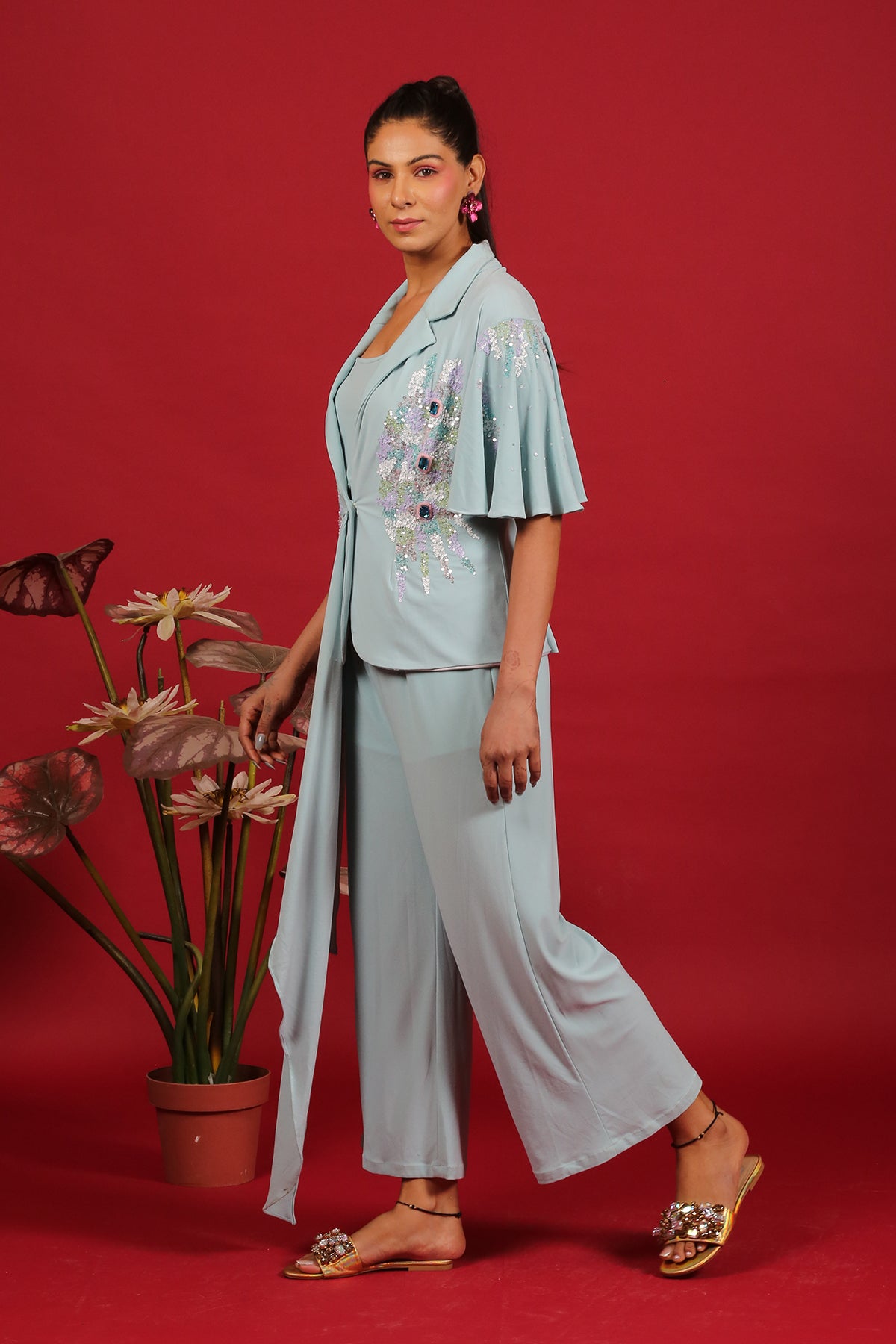 Asymmetric sequin jacket-culotte set