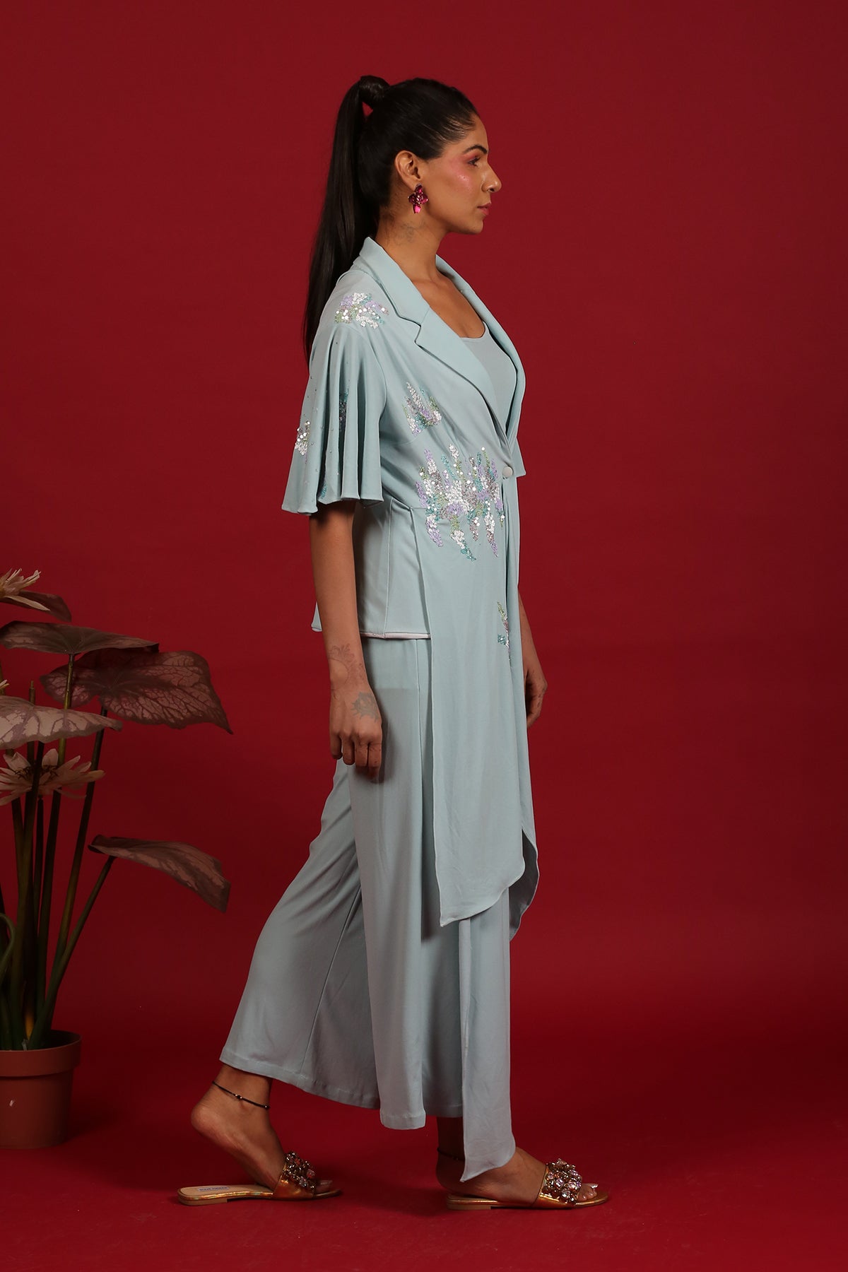 Asymmetric sequin jacket-culotte set