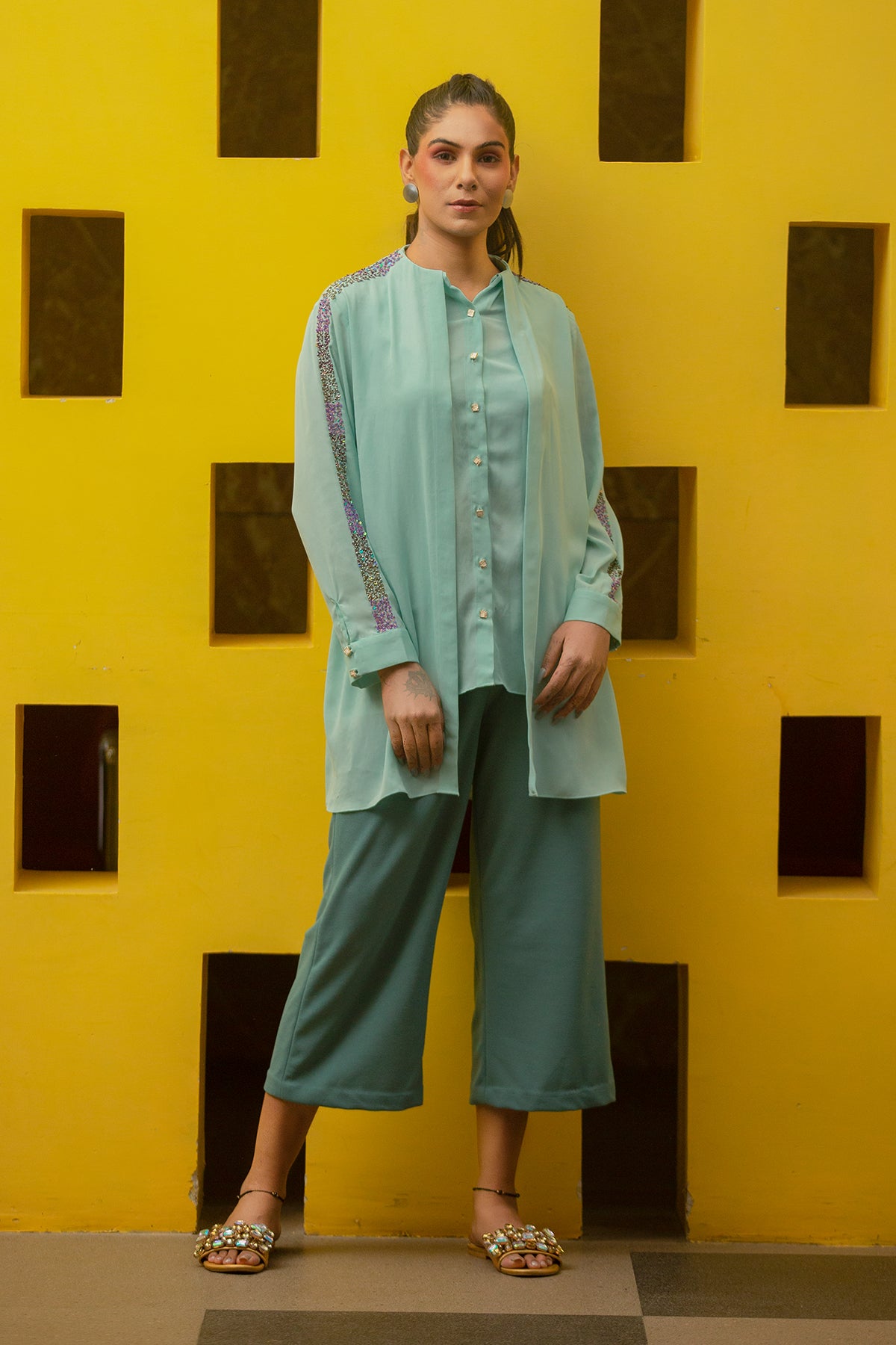 Aqua blue overlap shirt