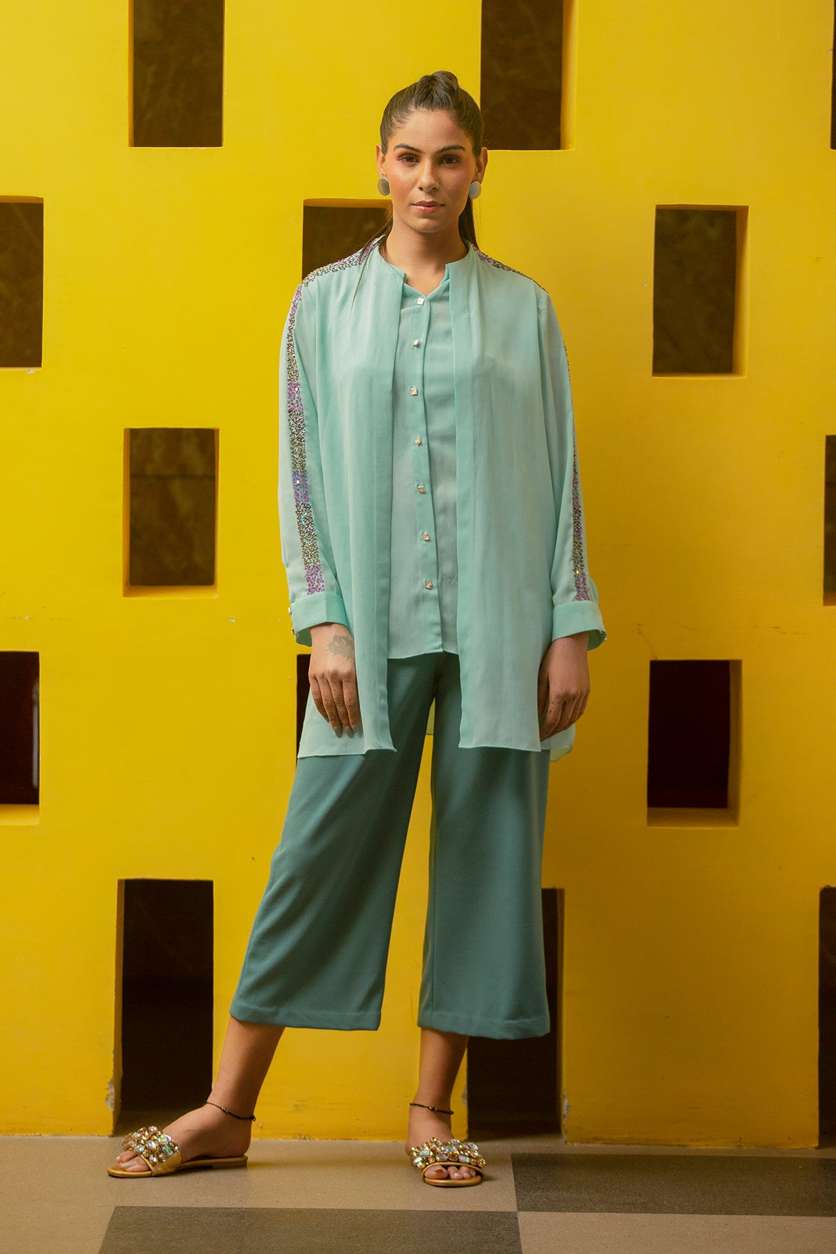 Aqua blue overlap shirt
