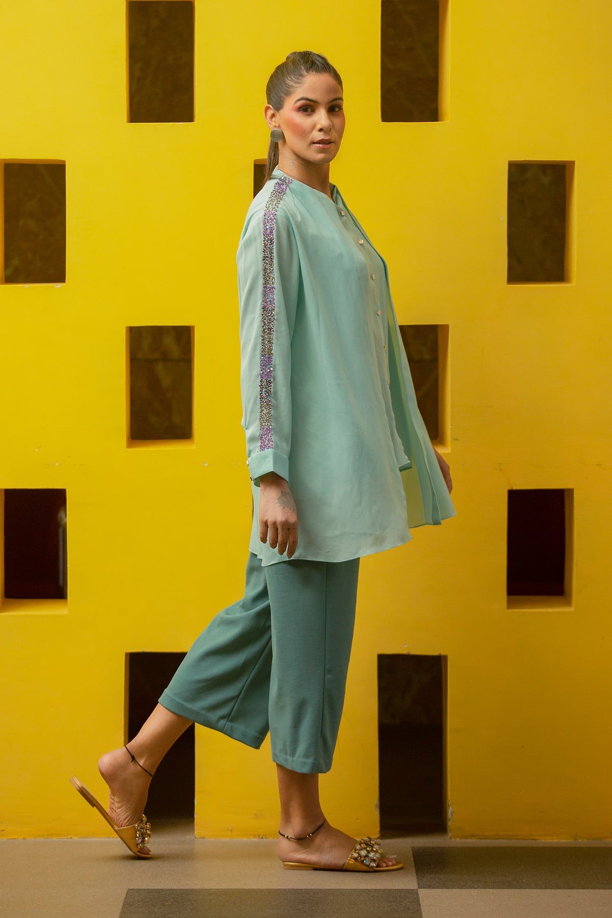 Aqua blue overlap shirt