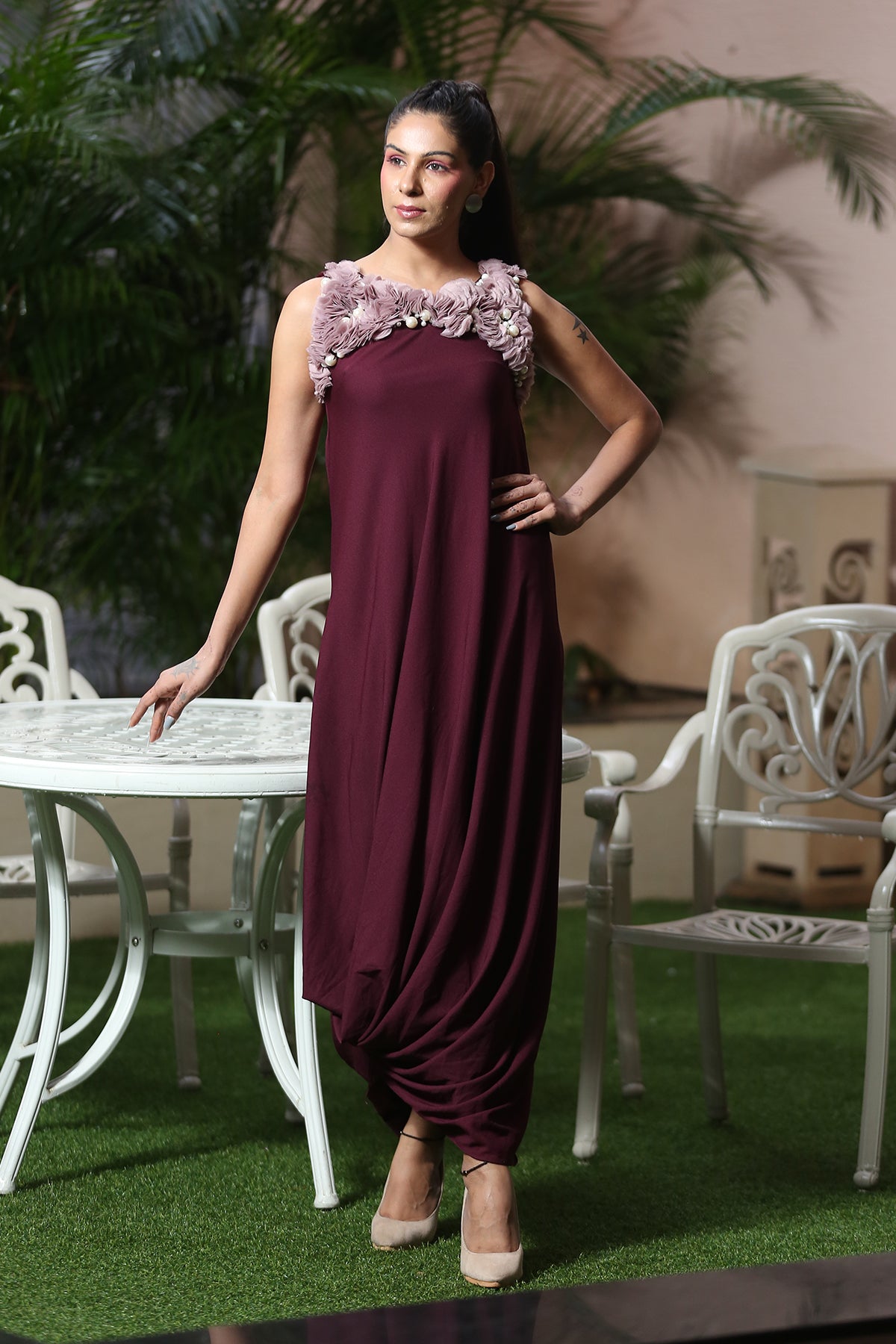 Plum organza ruched cowl Drape