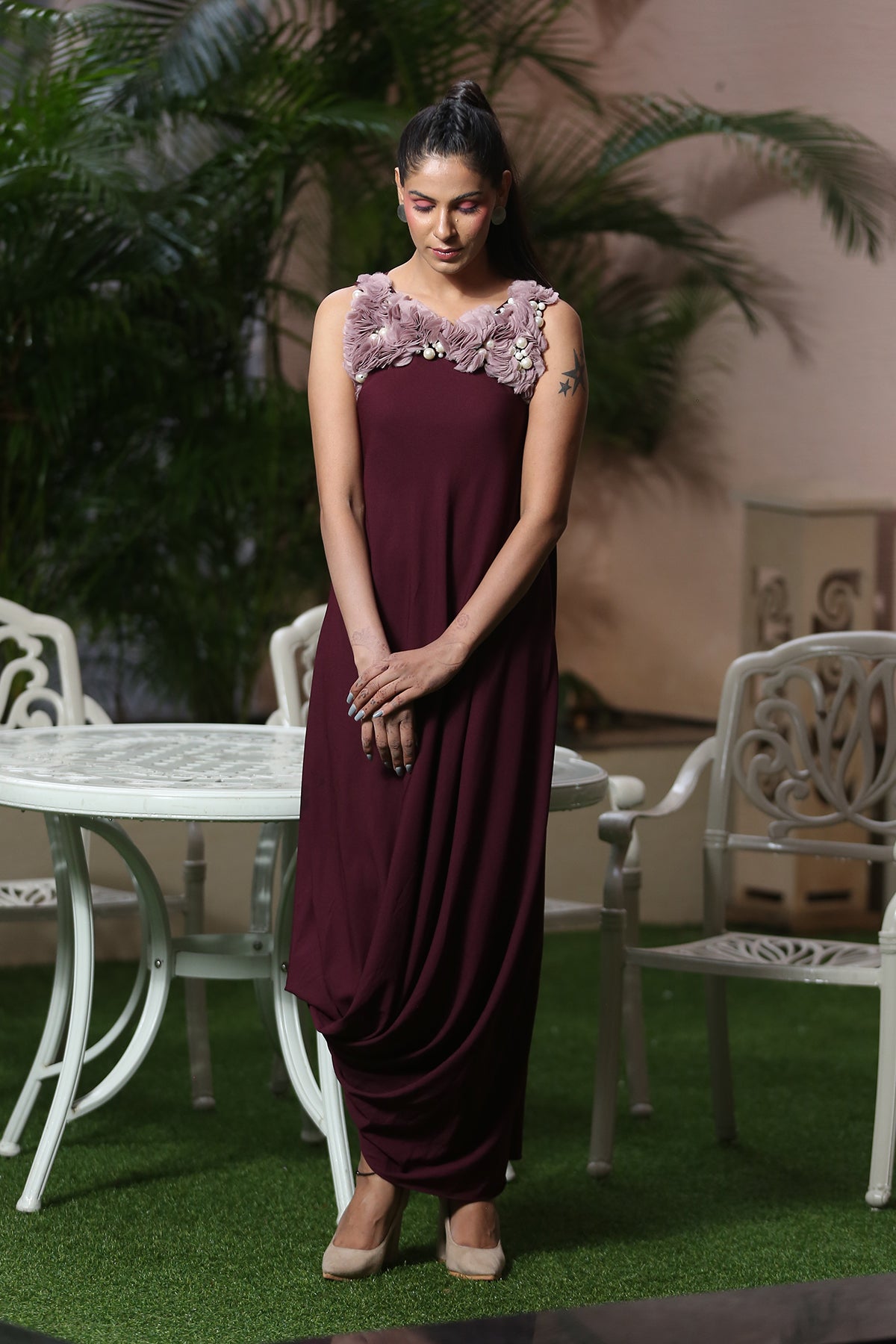Plum organza ruched cowl Drape
