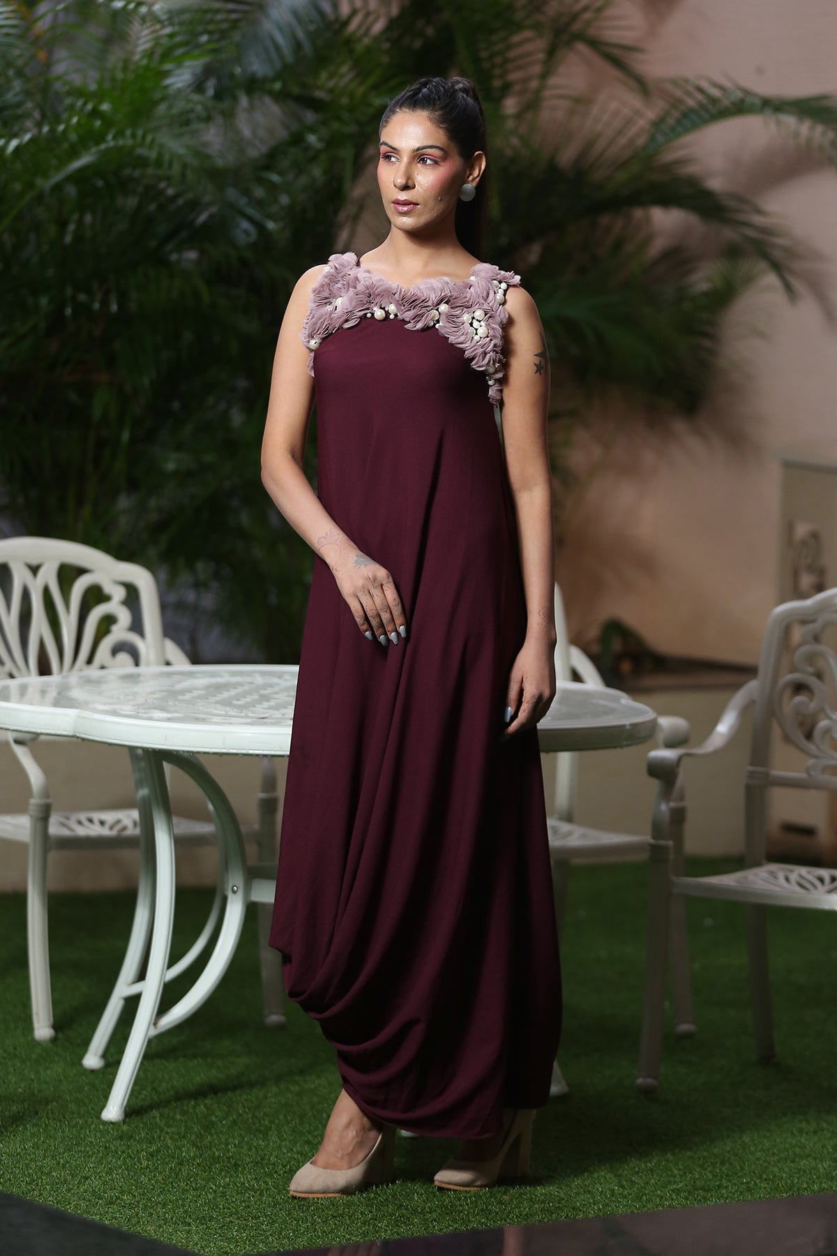 Plum organza ruched cowl Drape