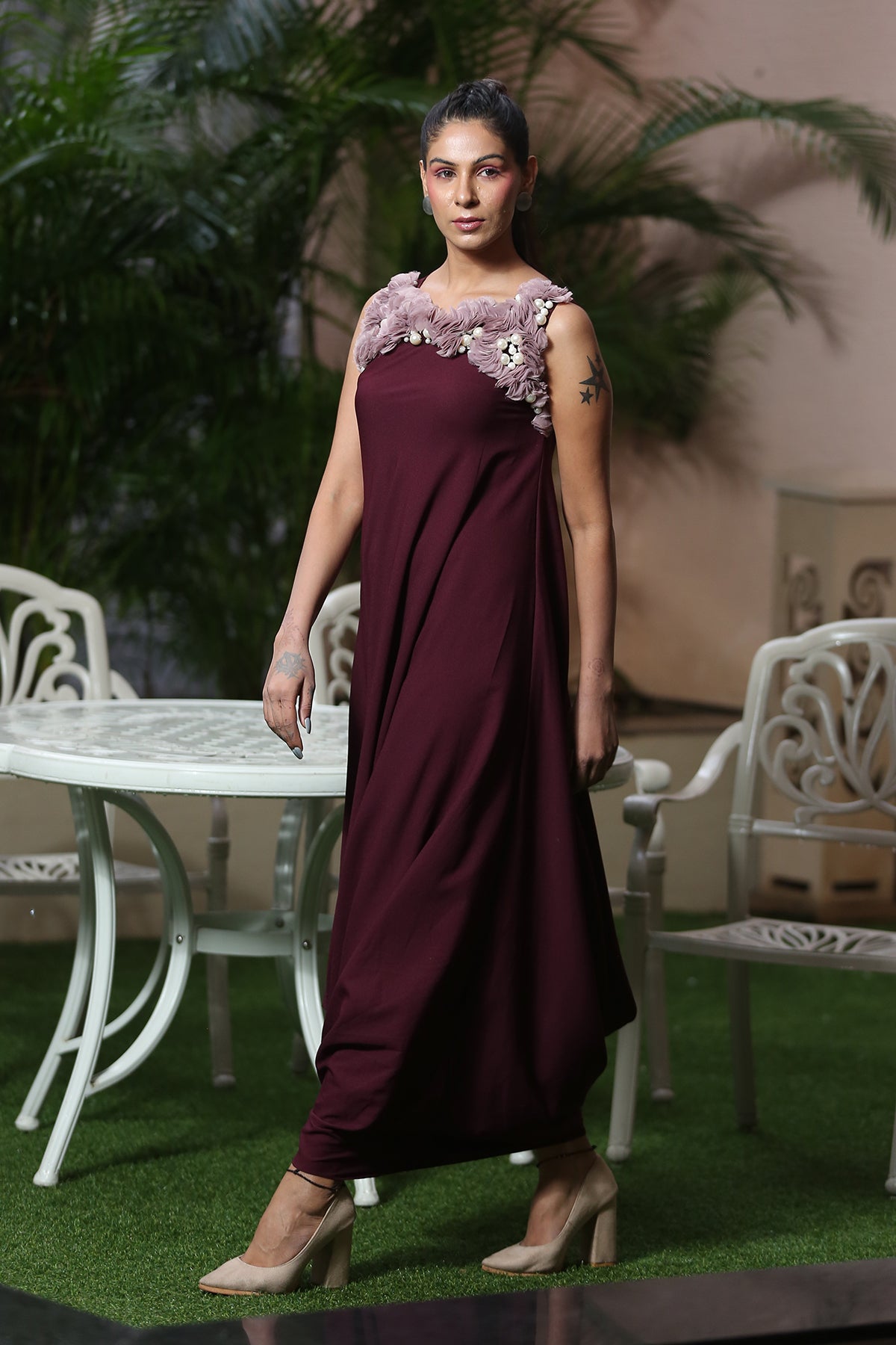 Plum organza ruched cowl Drape