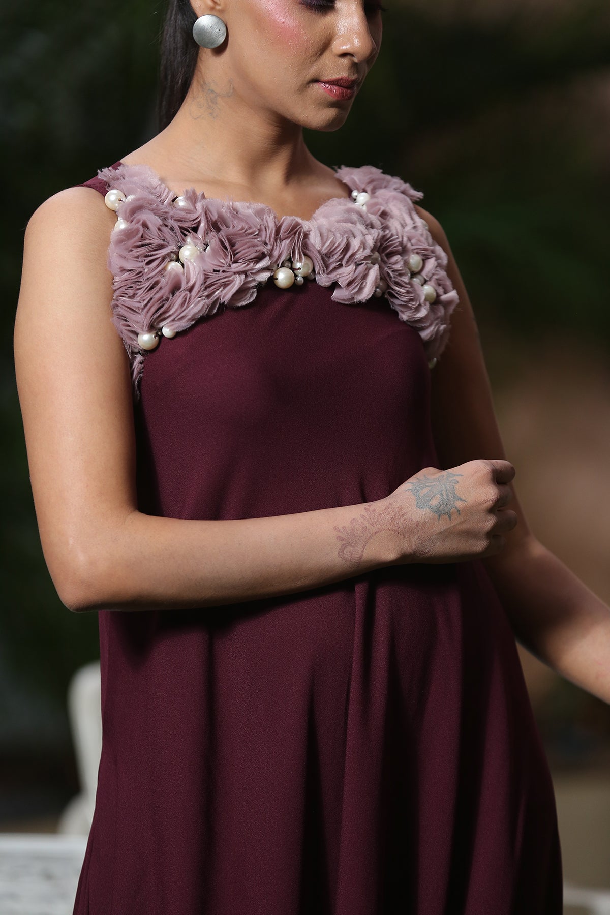 Plum organza ruched cowl Drape