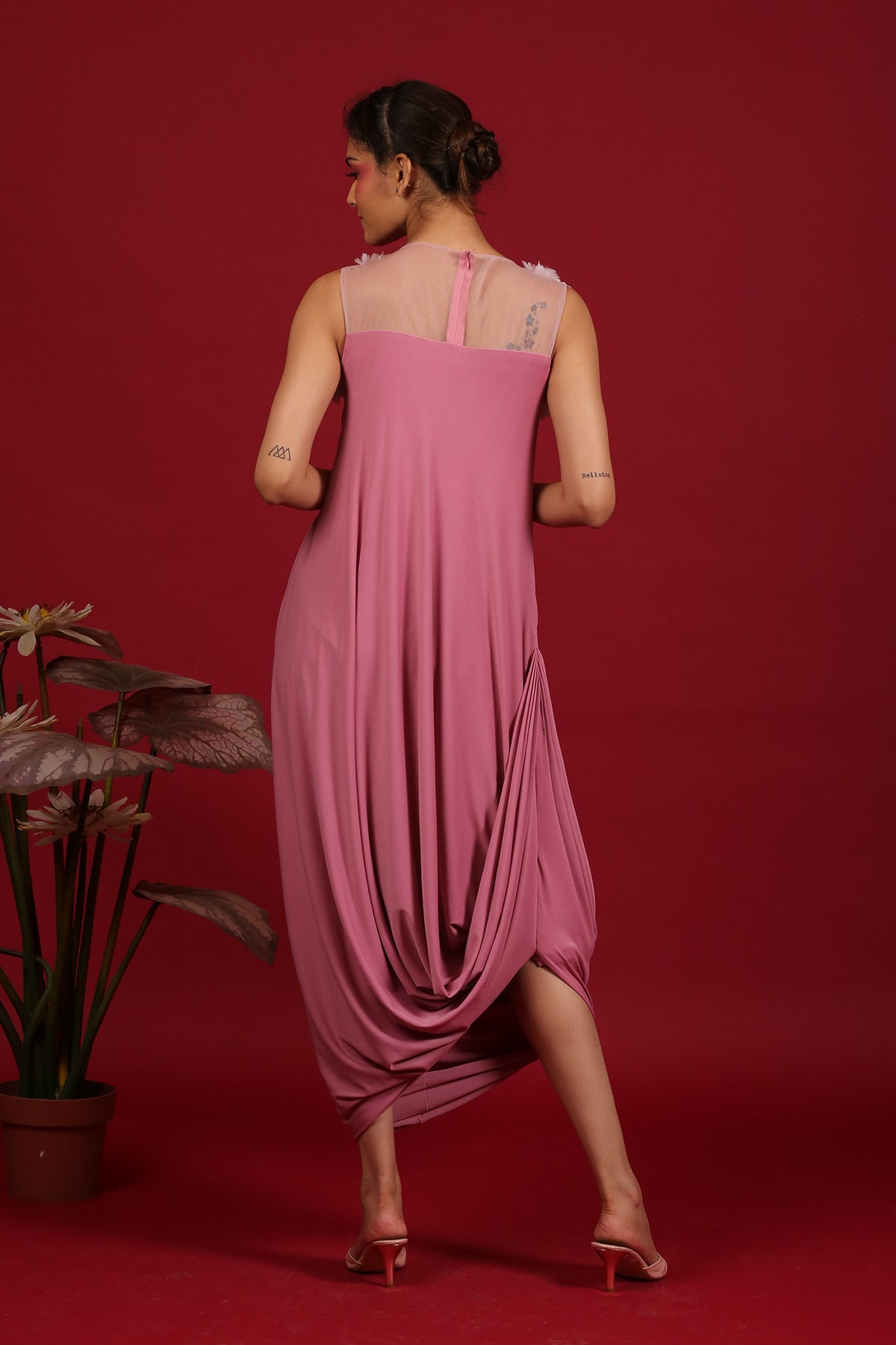 Pink organza ruched cowl Drape