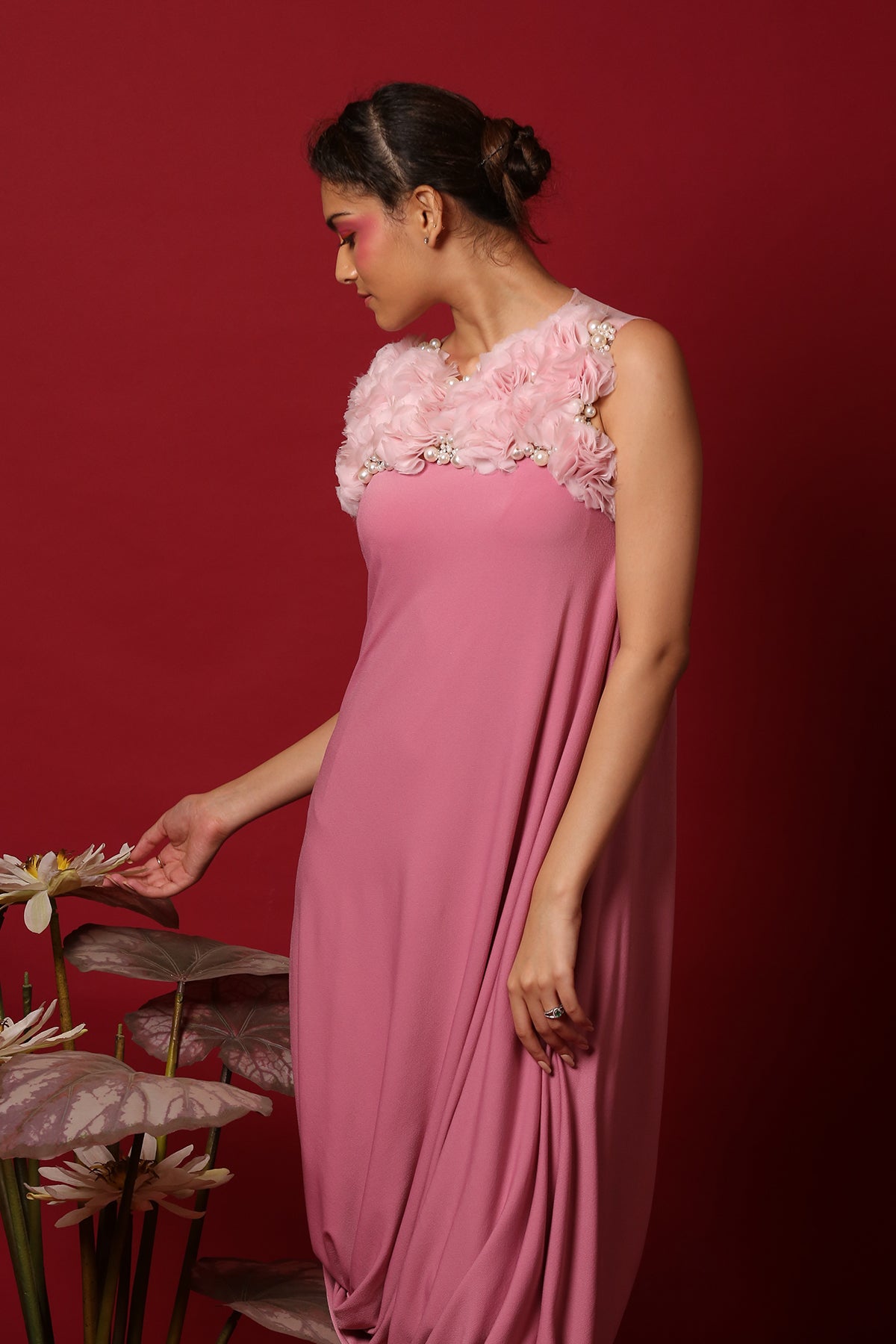 Pink organza ruched cowl Drape