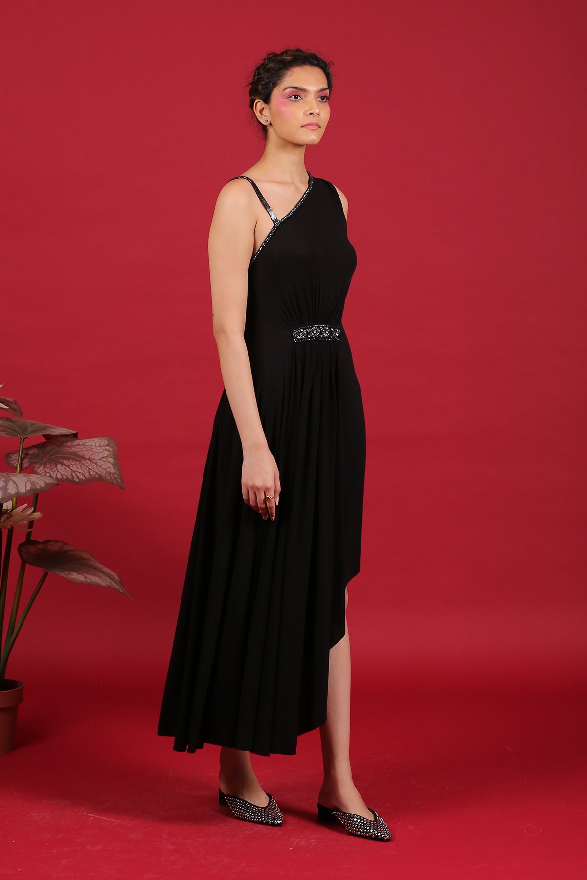 Asymmetric Drape Grecian Black Dress