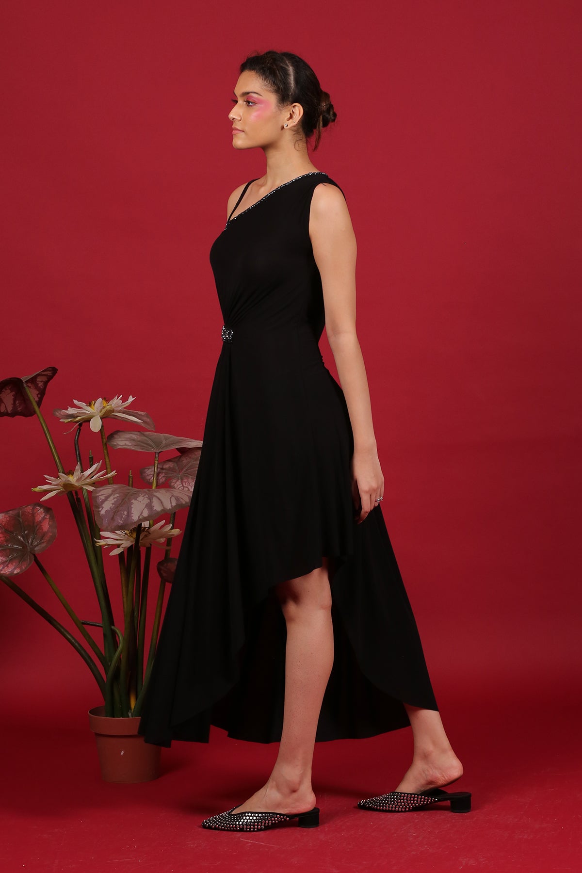 Asymmetric Drape Grecian Black Dress