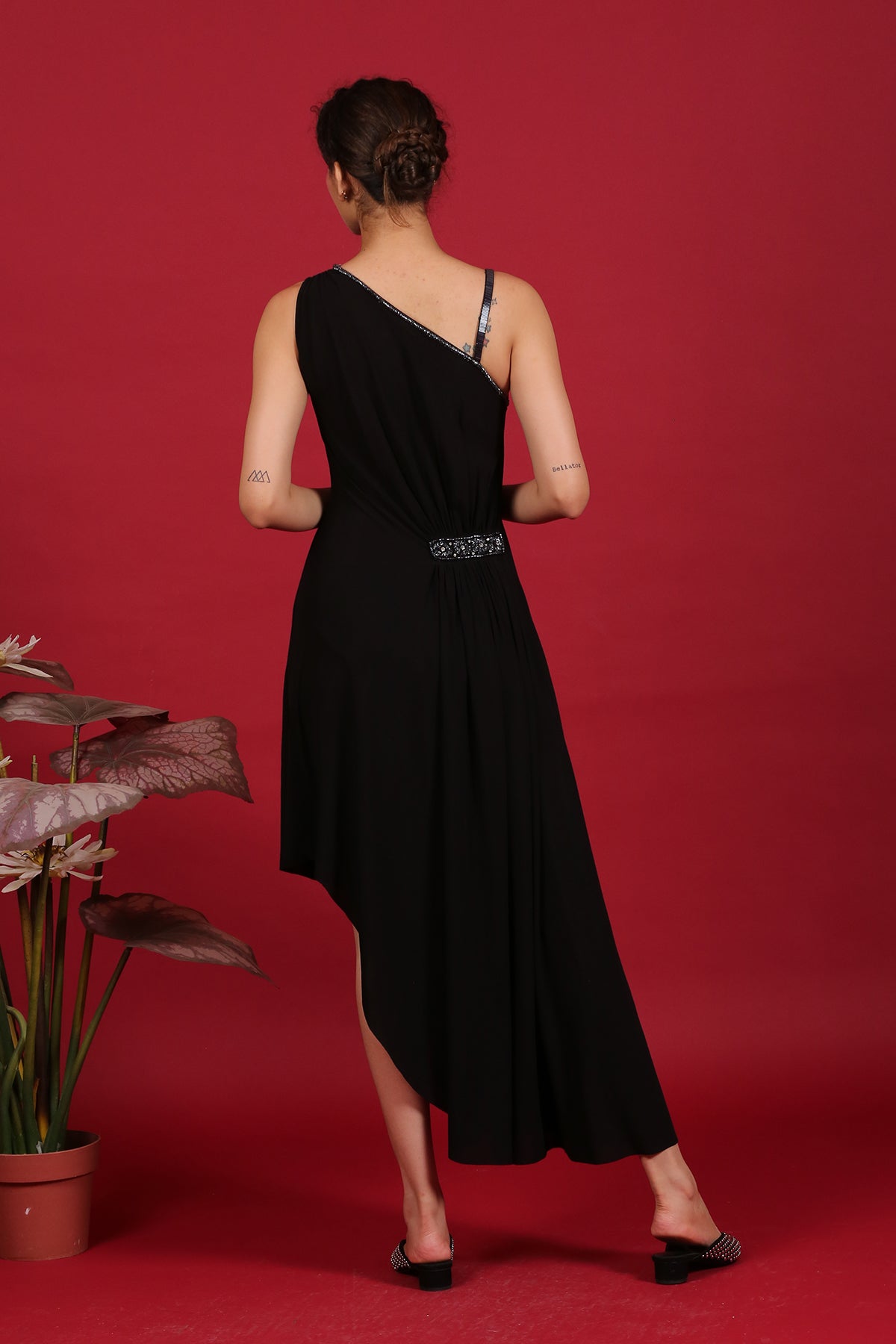 Asymmetric Drape Grecian Black Dress
