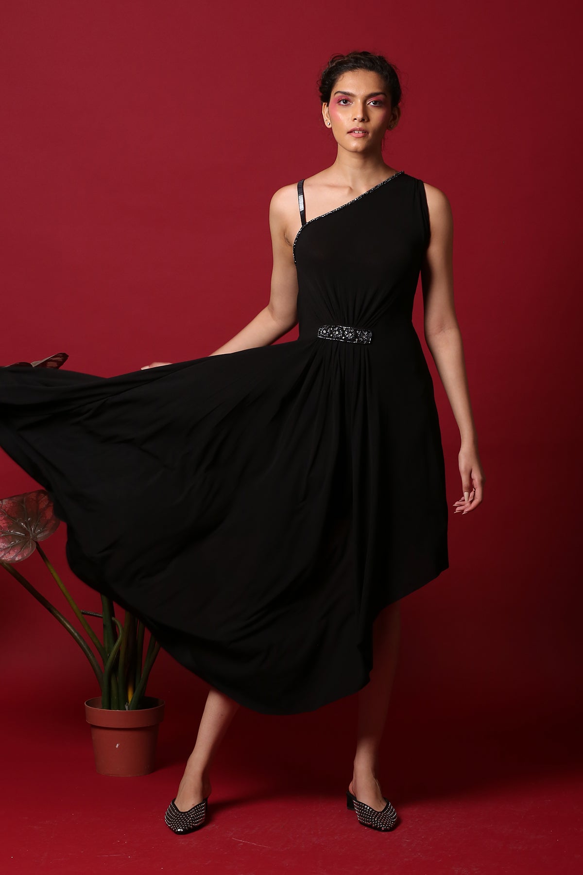 Asymmetric Drape Grecian Black Dress