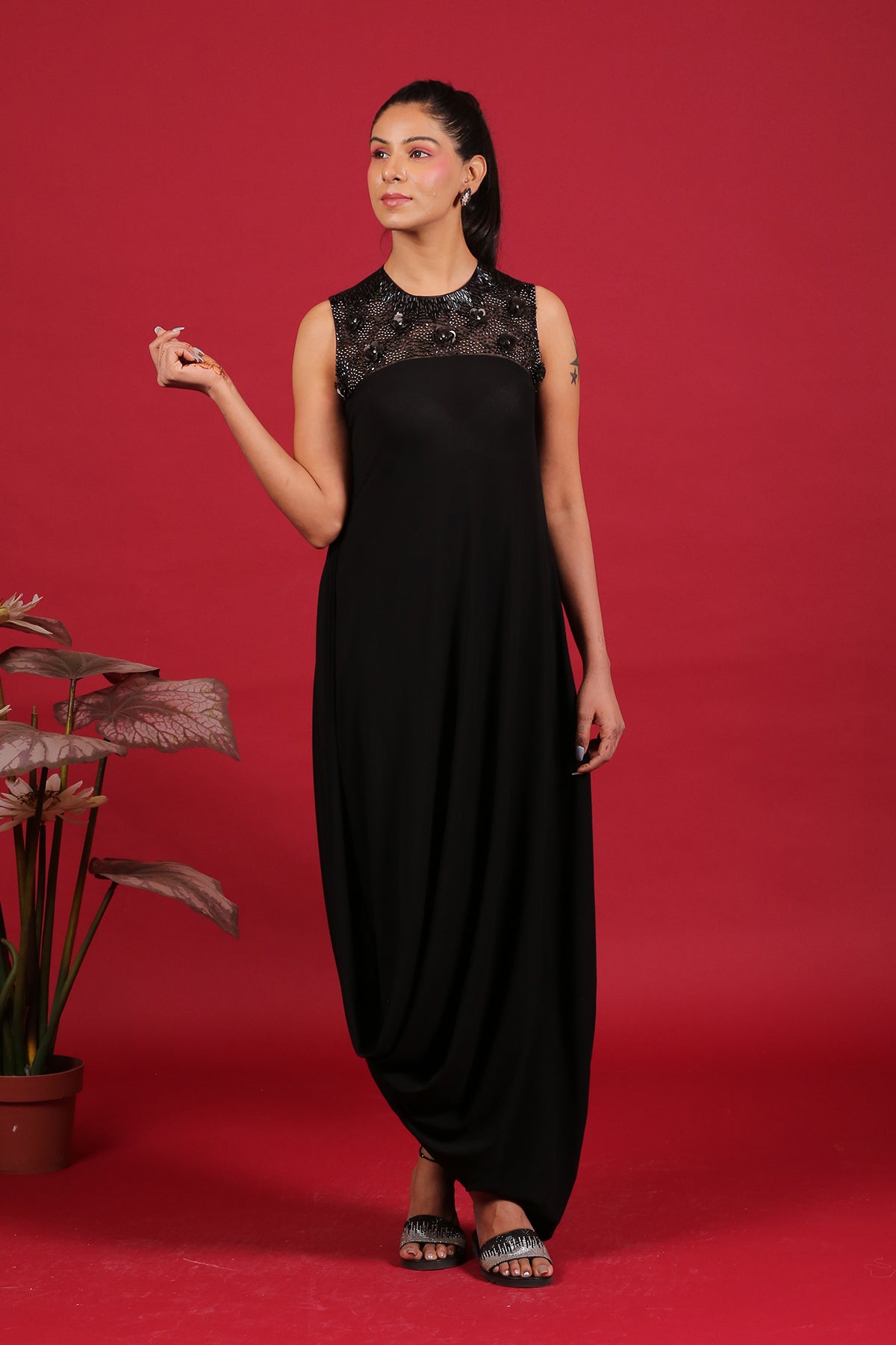 Black Cutdana yoke style Cowl Drape