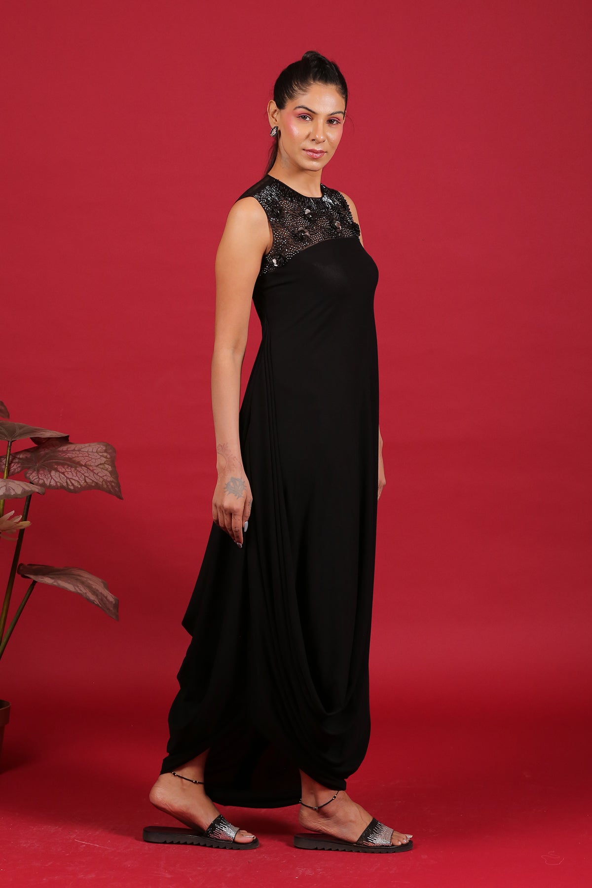 Black Cutdana yoke style Cowl Drape