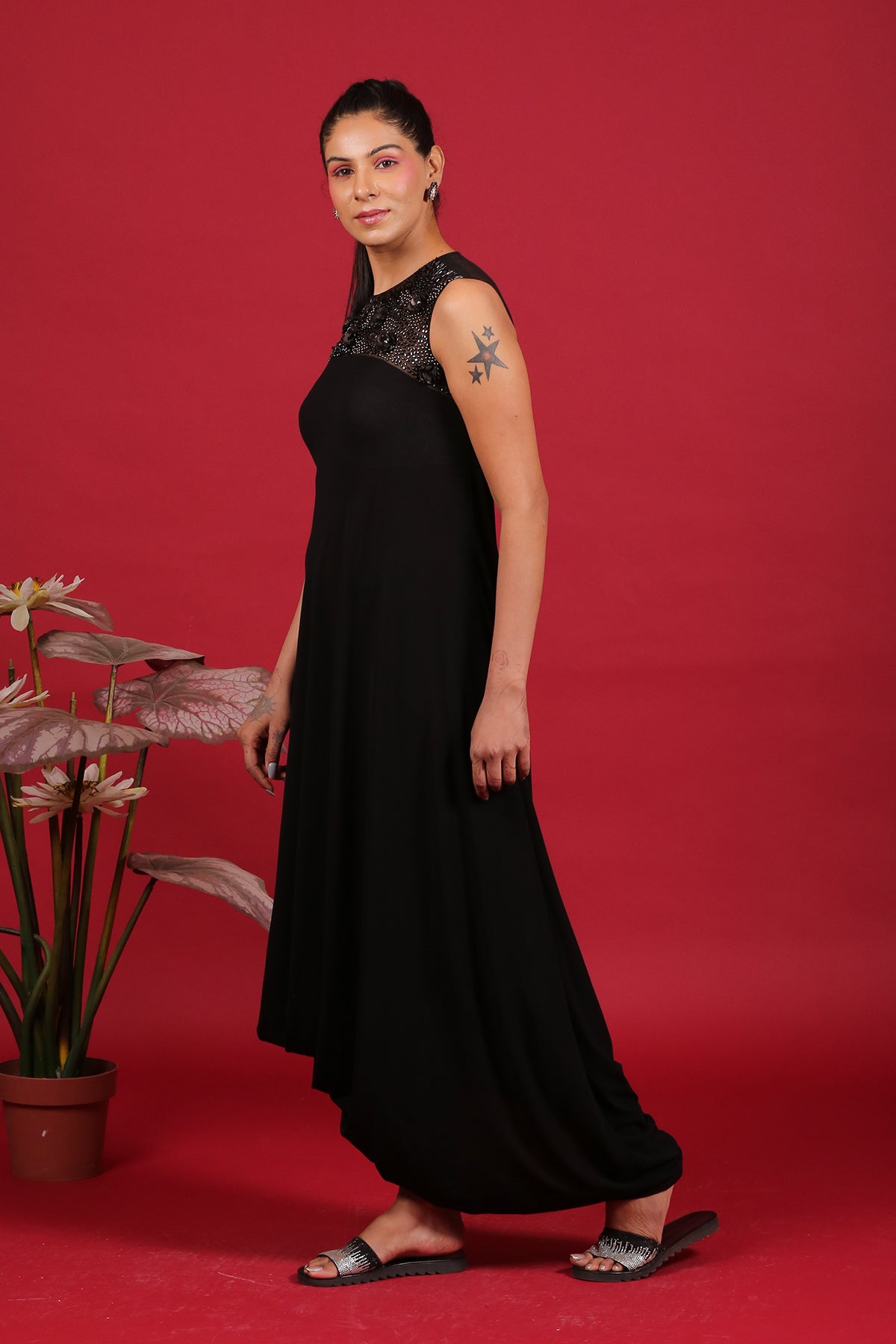 Black Cutdana yoke style Cowl Drape