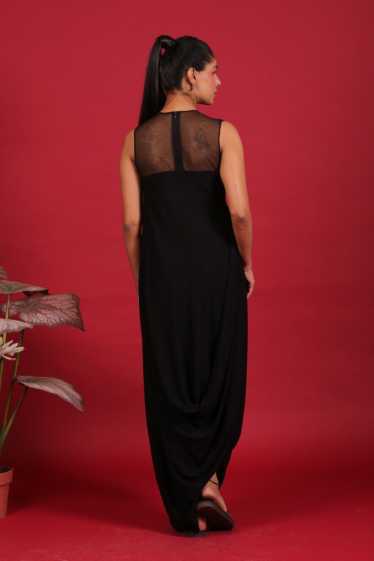 Black Cutdana yoke style Cowl Drape
