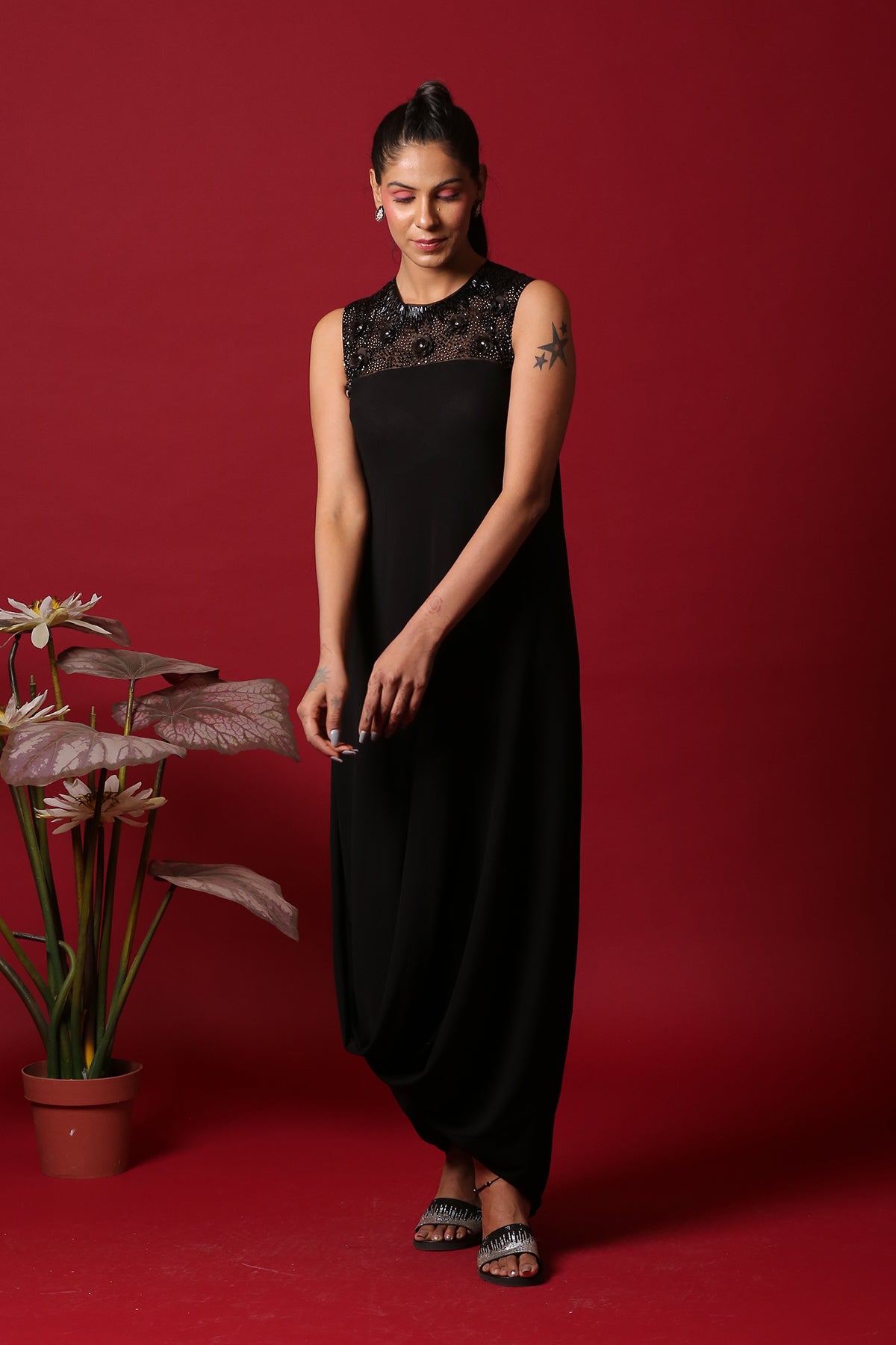 Black Cutdana yoke style Cowl Drape