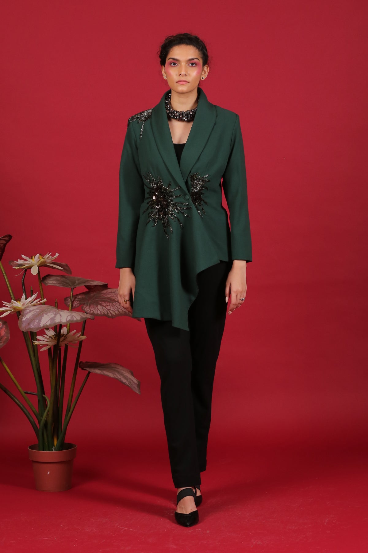 Green-Black Peplum Blazer Co-ord set with pipework