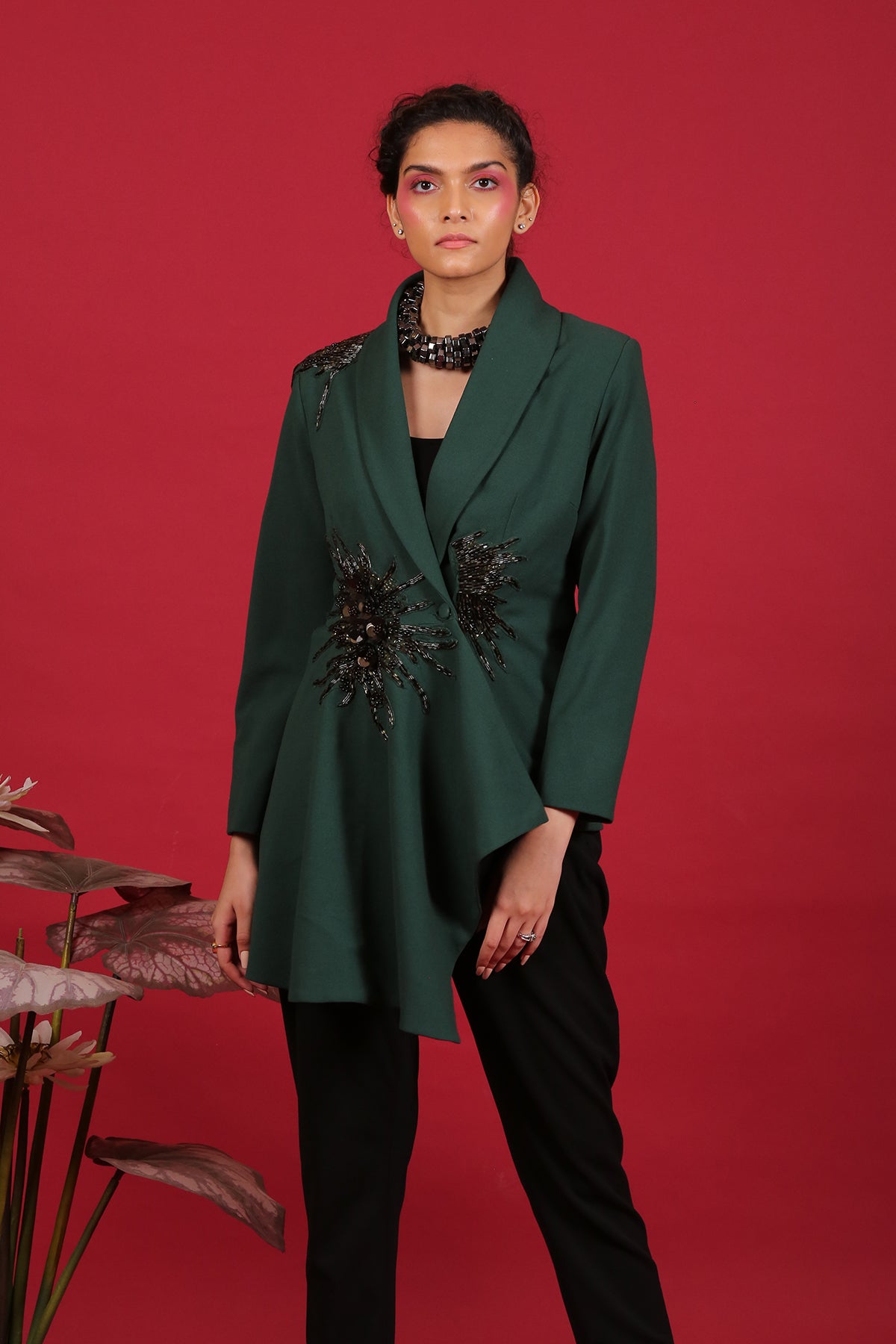 Green-Black Peplum Blazer Co-ord set with pipework