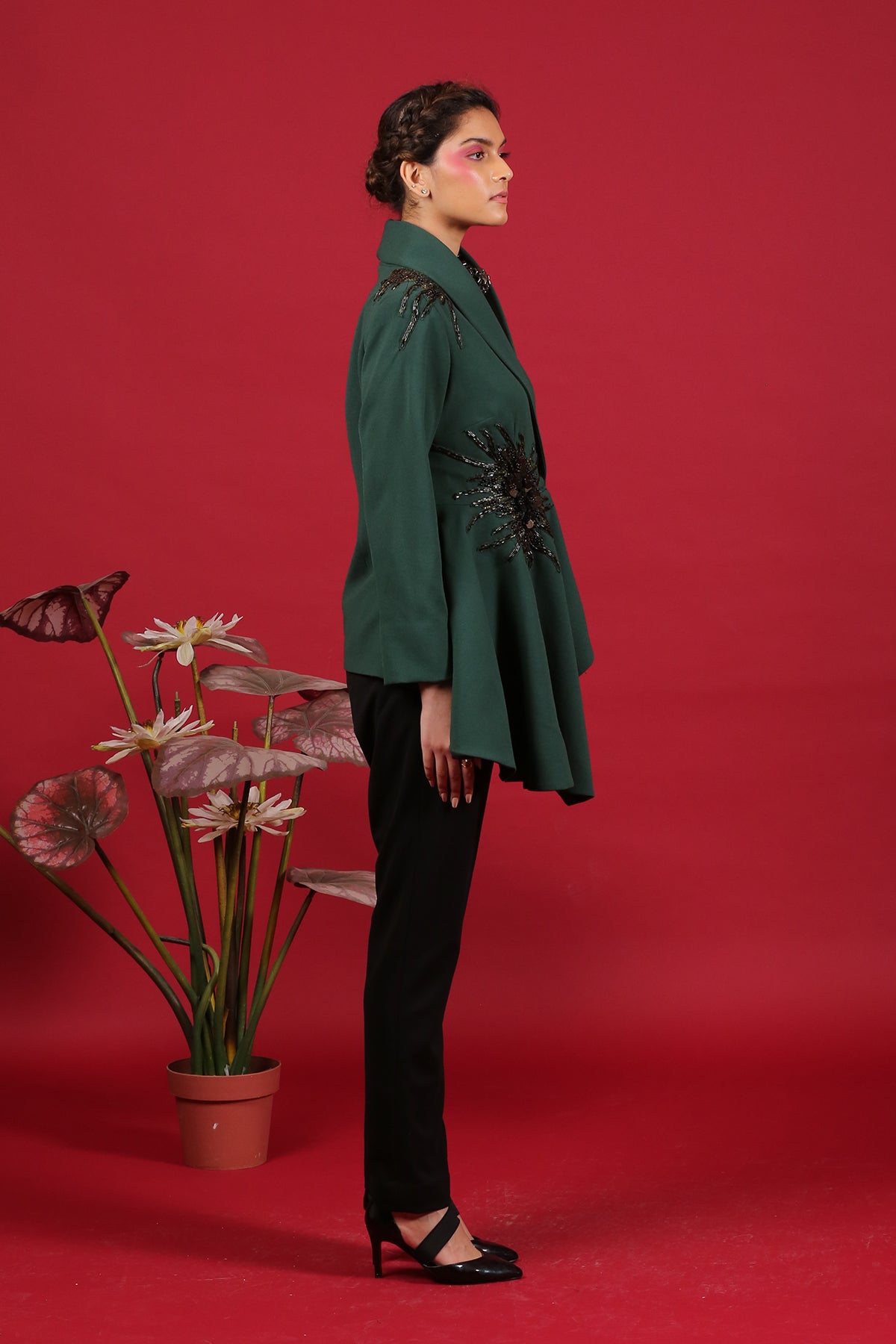 Green-Black Peplum Blazer Co-ord set with pipework