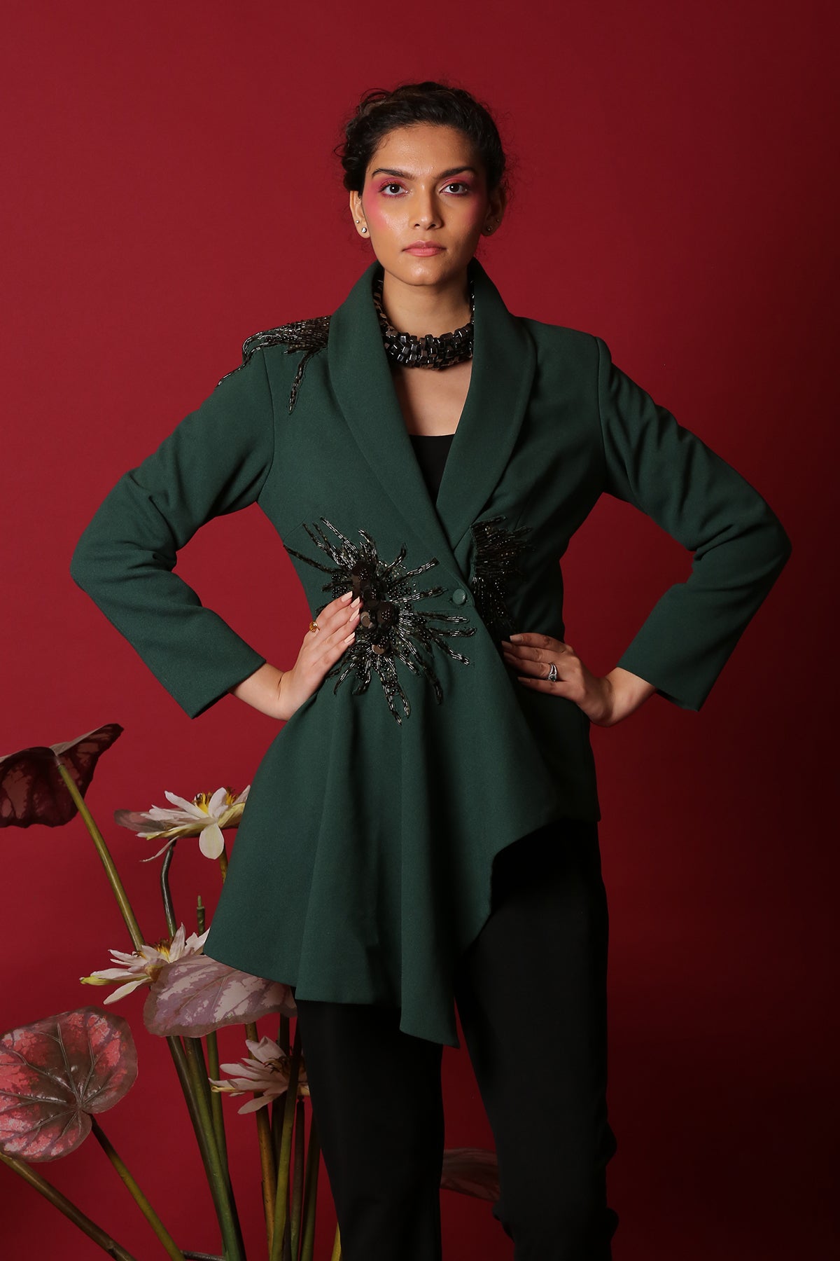 Green-Black Peplum Blazer Co-ord set with pipework