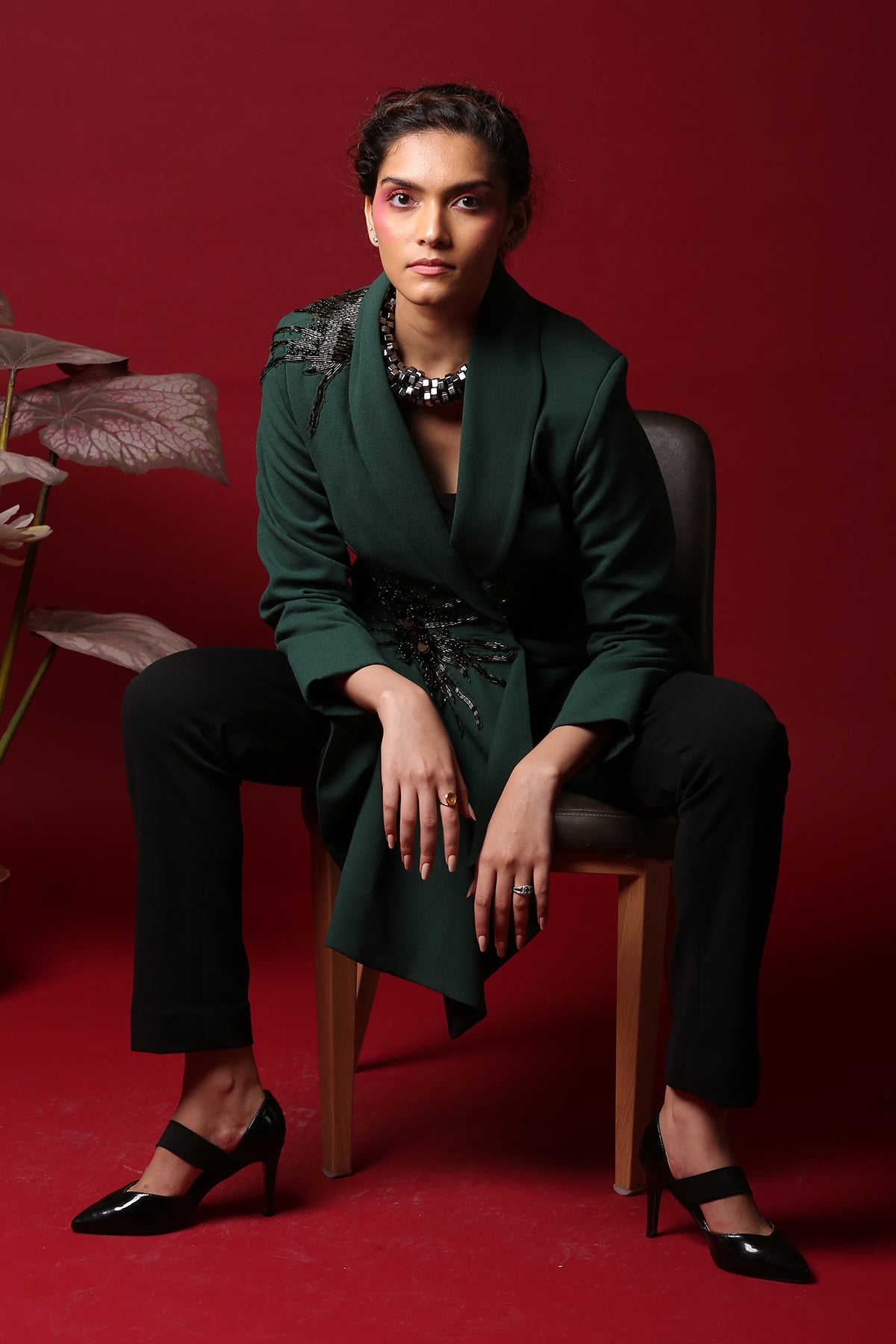 Green-Black Peplum Blazer Co-ord set with pipework