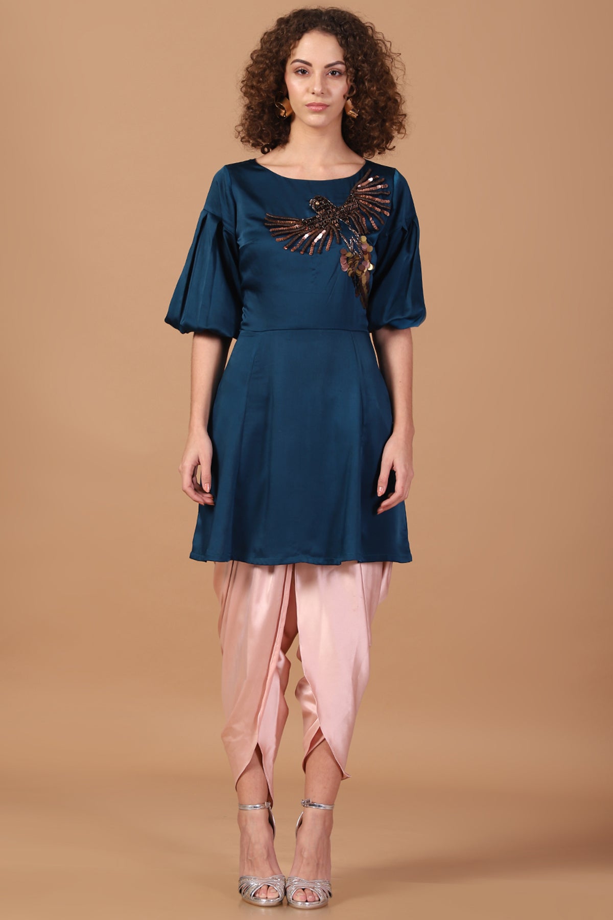 Teal Peplum Kurti with Tulip draped pants