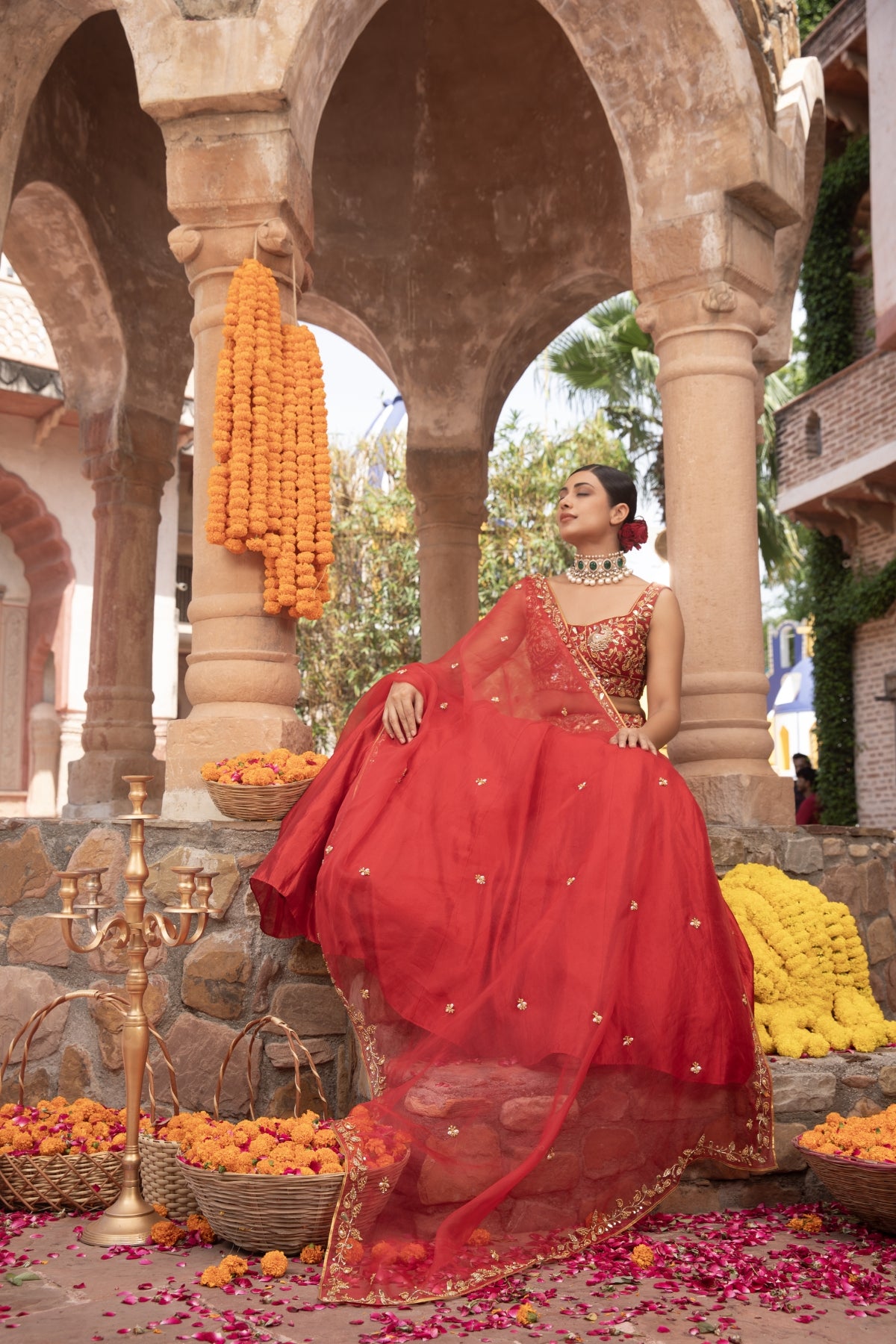 SCARLET RED PEACOCK KORA SILK LEHENGA