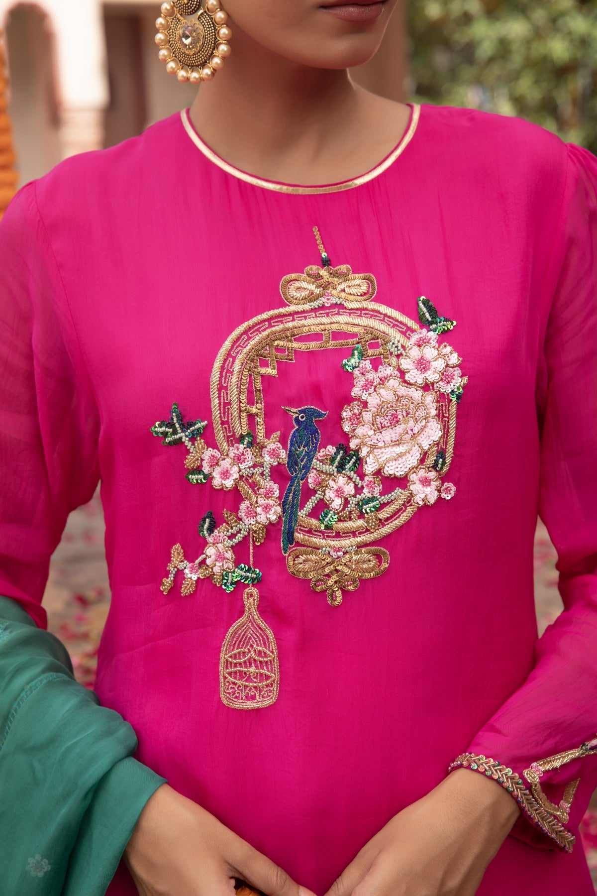 FUSCHIA ORGANZA BIRD KURTI LEHENGA