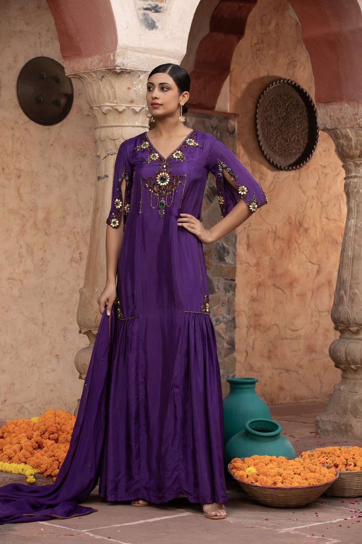 PURPLE SIDE GATHERED LONG GOWN