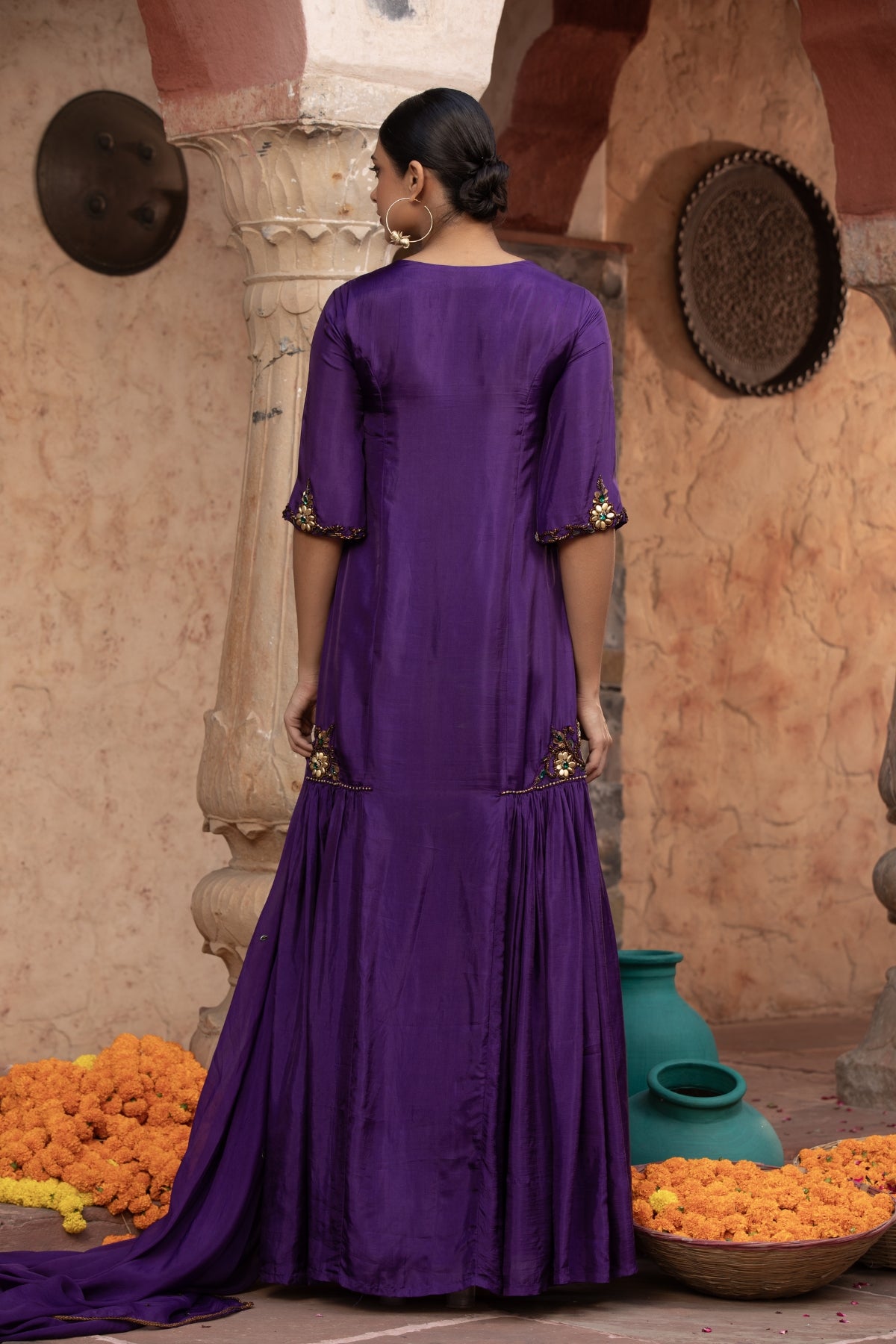 PURPLE SIDE GATHERED LONG GOWN