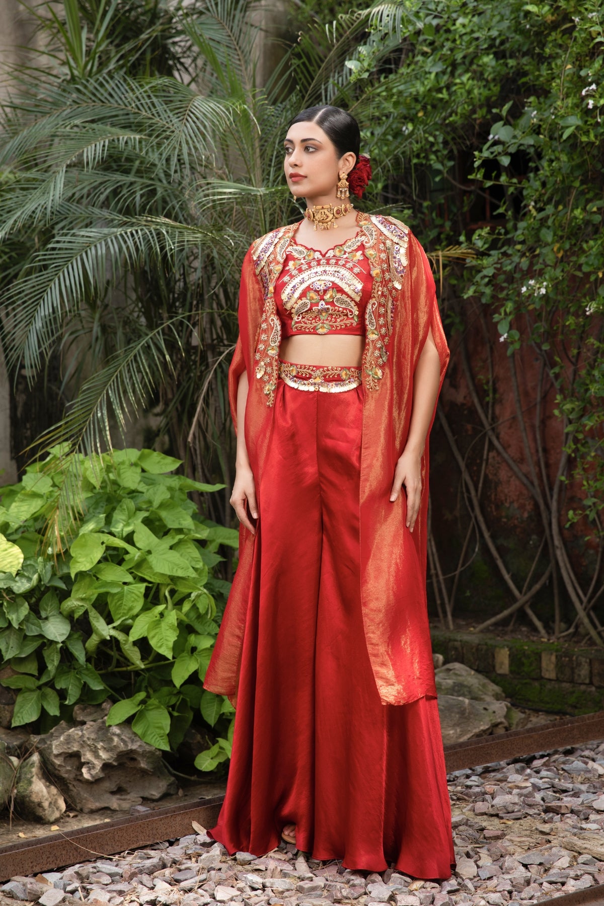 RED CROPTOP CAPE & PALAZZO INDO-WESTERN STYLE