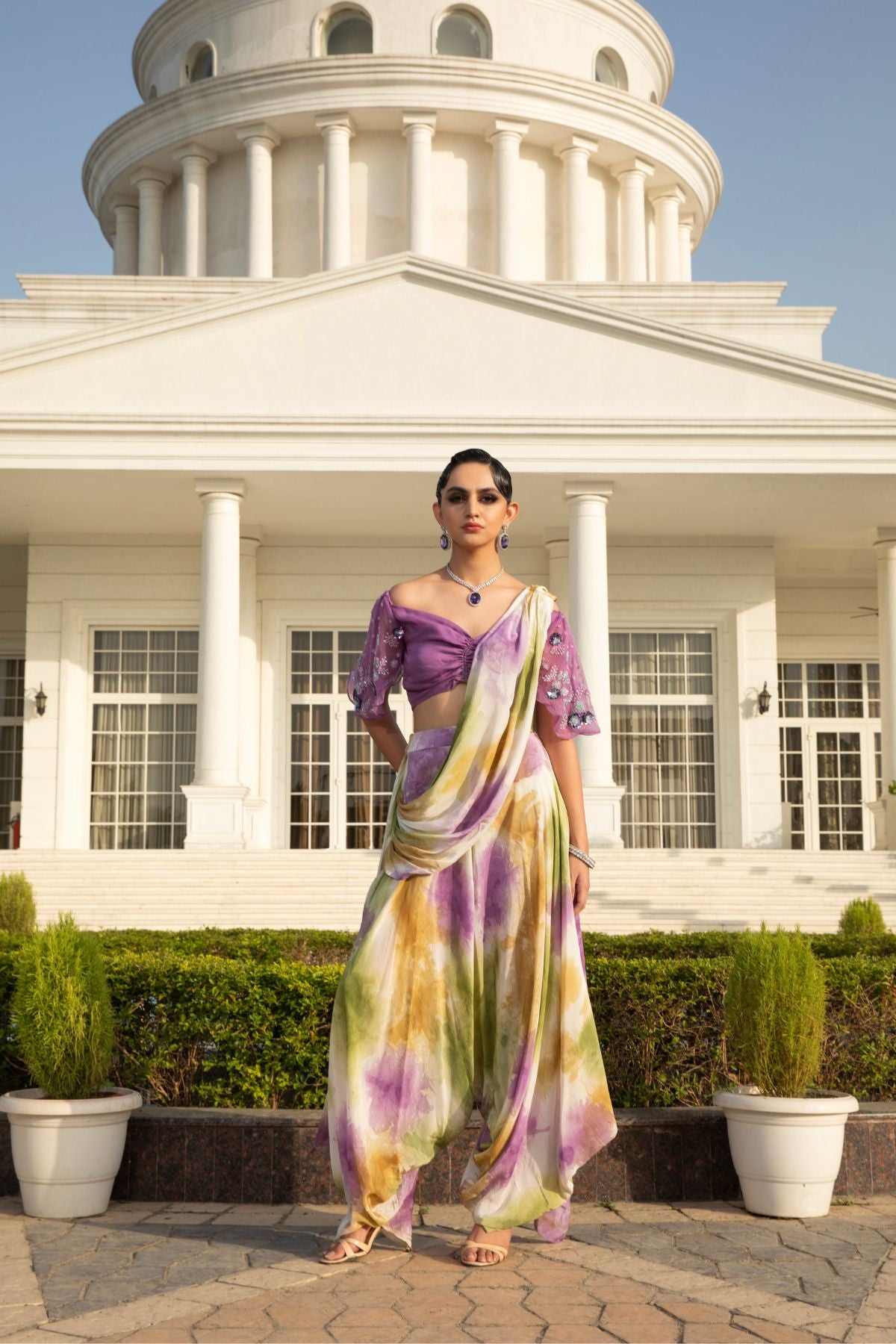 Multi-colour Dyed Dhoti style draped saree with embellished sleeves crop top