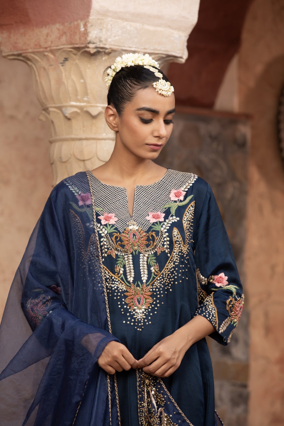 NAVY BLUE FLORAL MOTIF ANARKALI SET