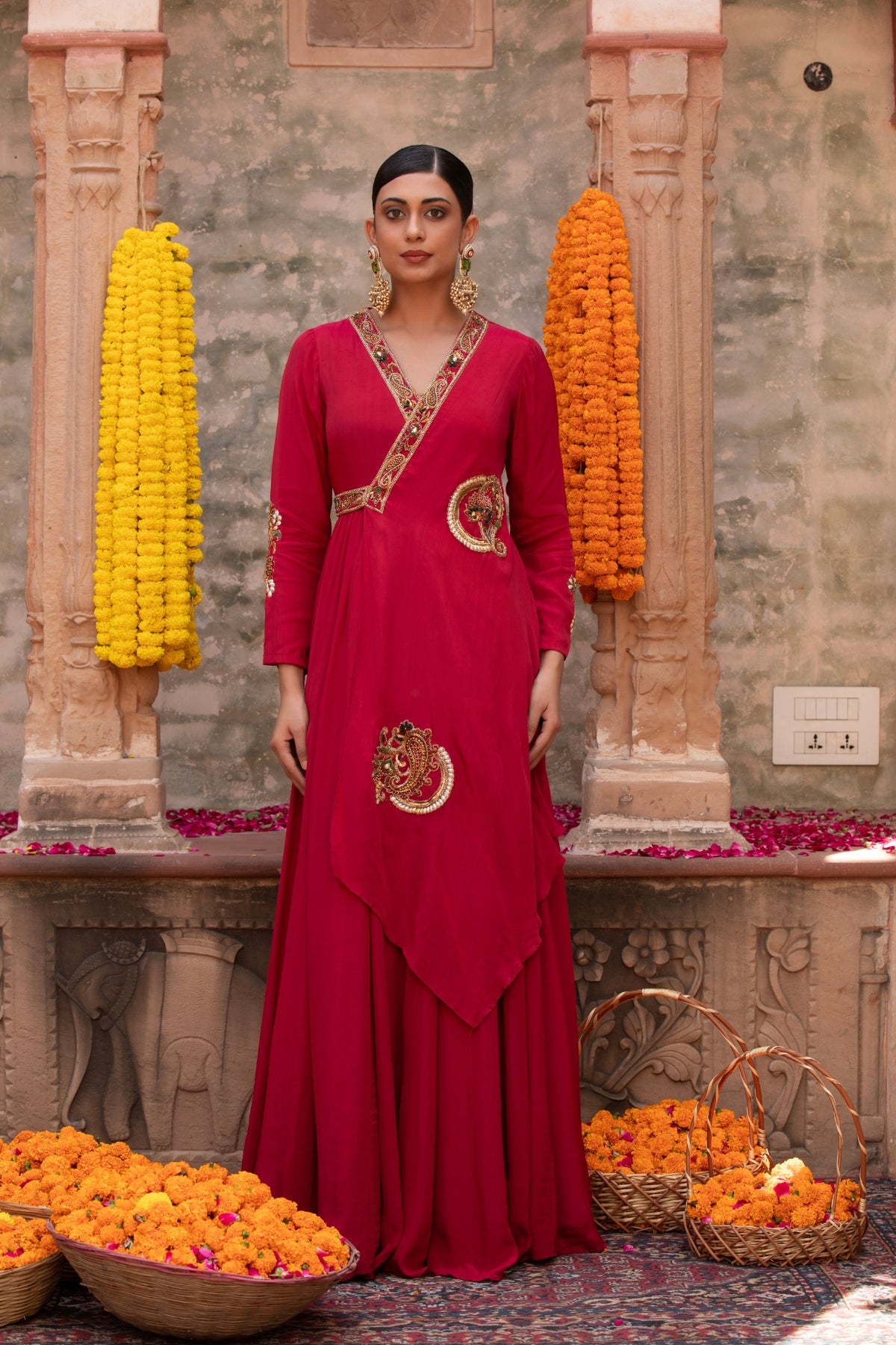 RED PAISLEY ANGRAKHA CREPE GOWN