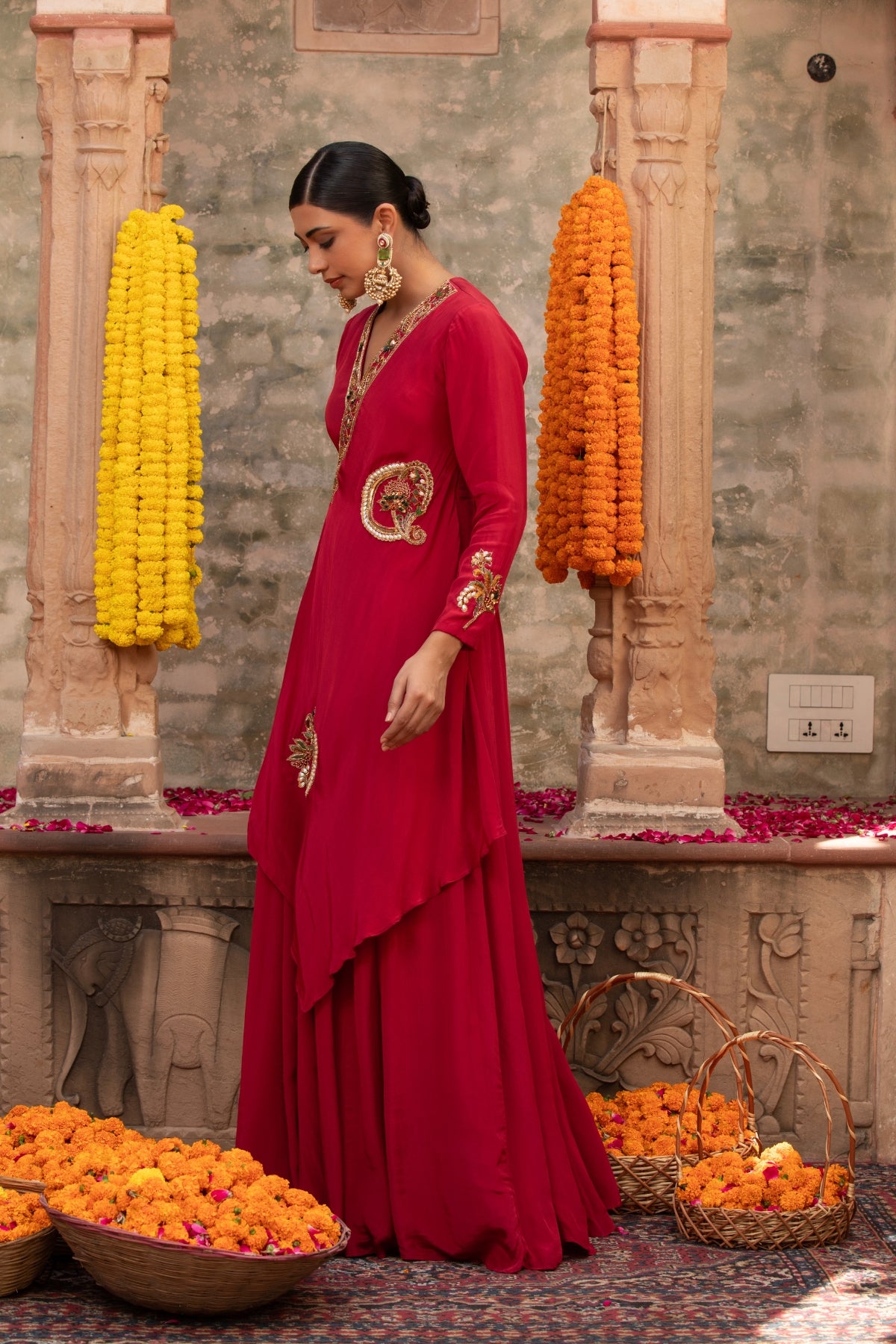 RED PAISLEY ANGRAKHA CREPE GOWN