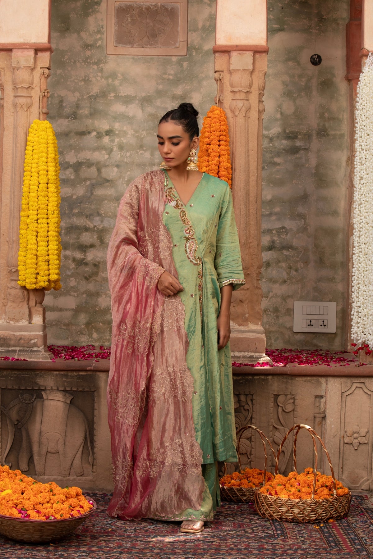 MINT GREEN TISSUE ZARI PAISLEY ANARKALI SET