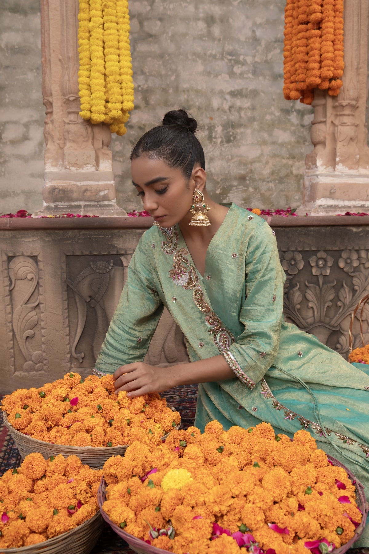 MINT GREEN TISSUE ZARI PAISLEY ANARKALI SET