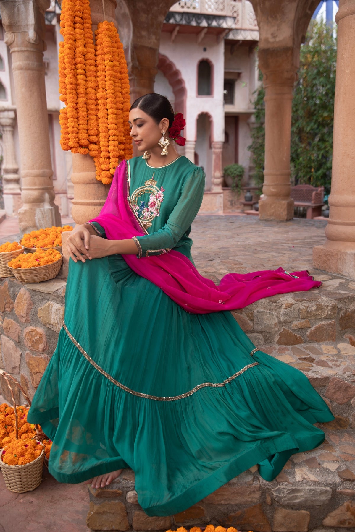 JADE GREEN ORGANZA BIRD KURTI LEHENGA