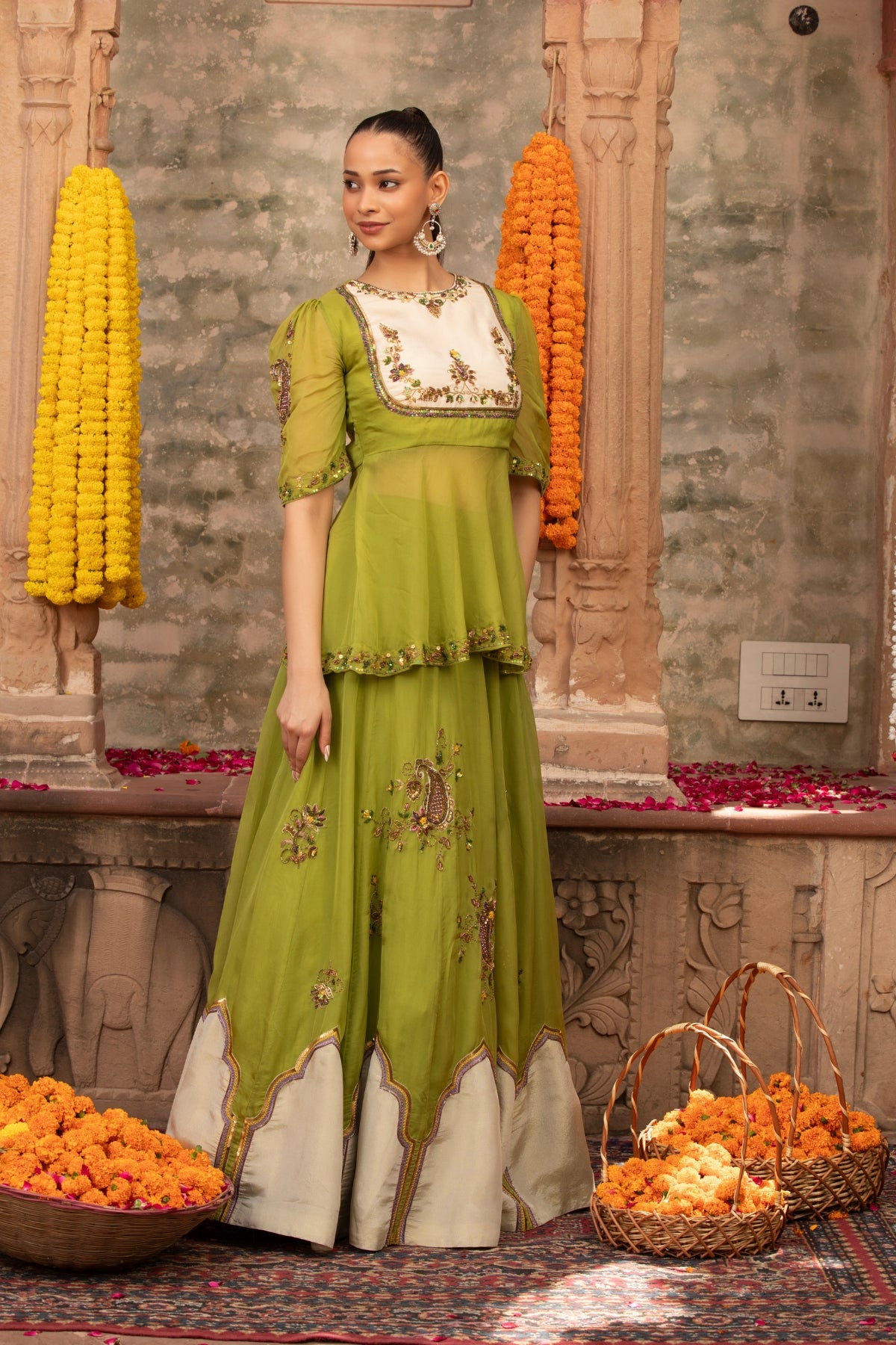 PARROT GREEN ORGANZA JHAROKA APPLIQUE PEPLUM LEHENGA
