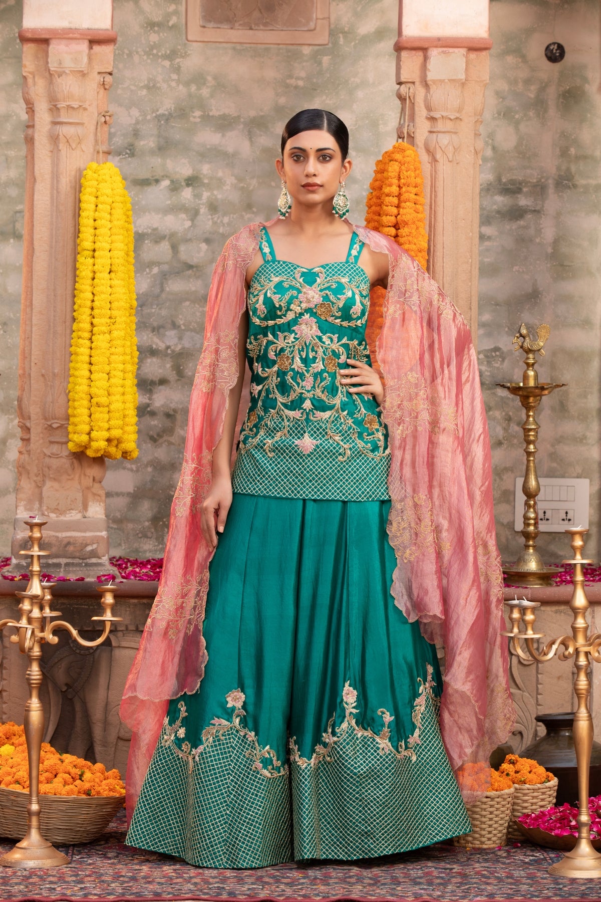 RAMA GREEN SILK CORSET PEPLUM-LEHENGA SET