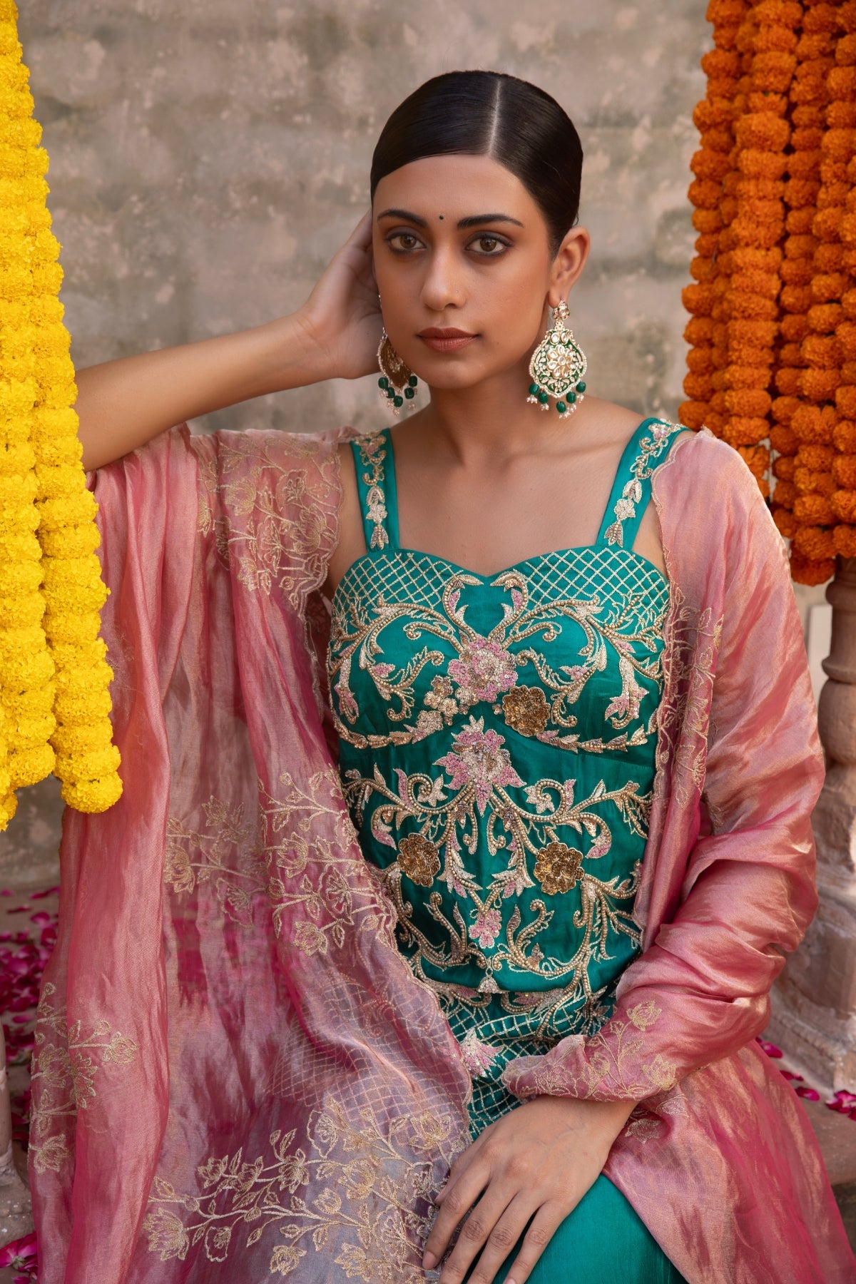 RAMA GREEN SILK CORSET PEPLUM-LEHENGA SET