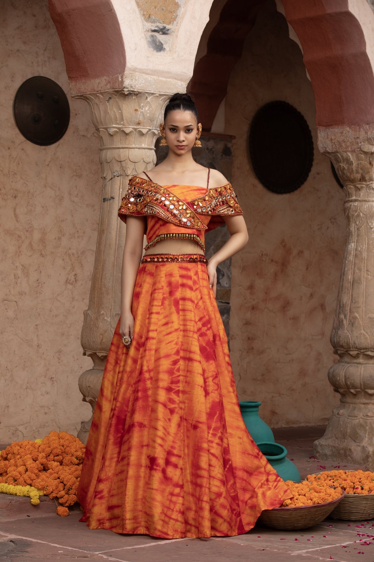 TANGERINE TIE-DYE OVERLAP CHOLI LEHENGA