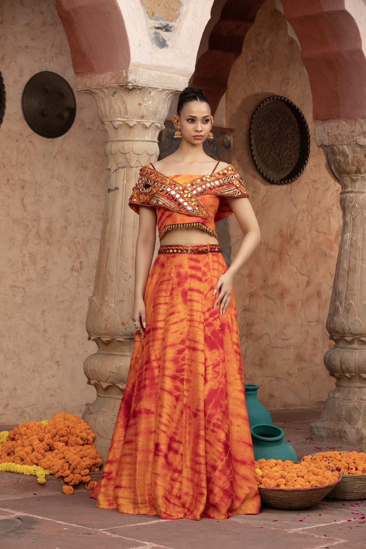 TANGERINE TIE-DYE OVERLAP CHOLI LEHENGA